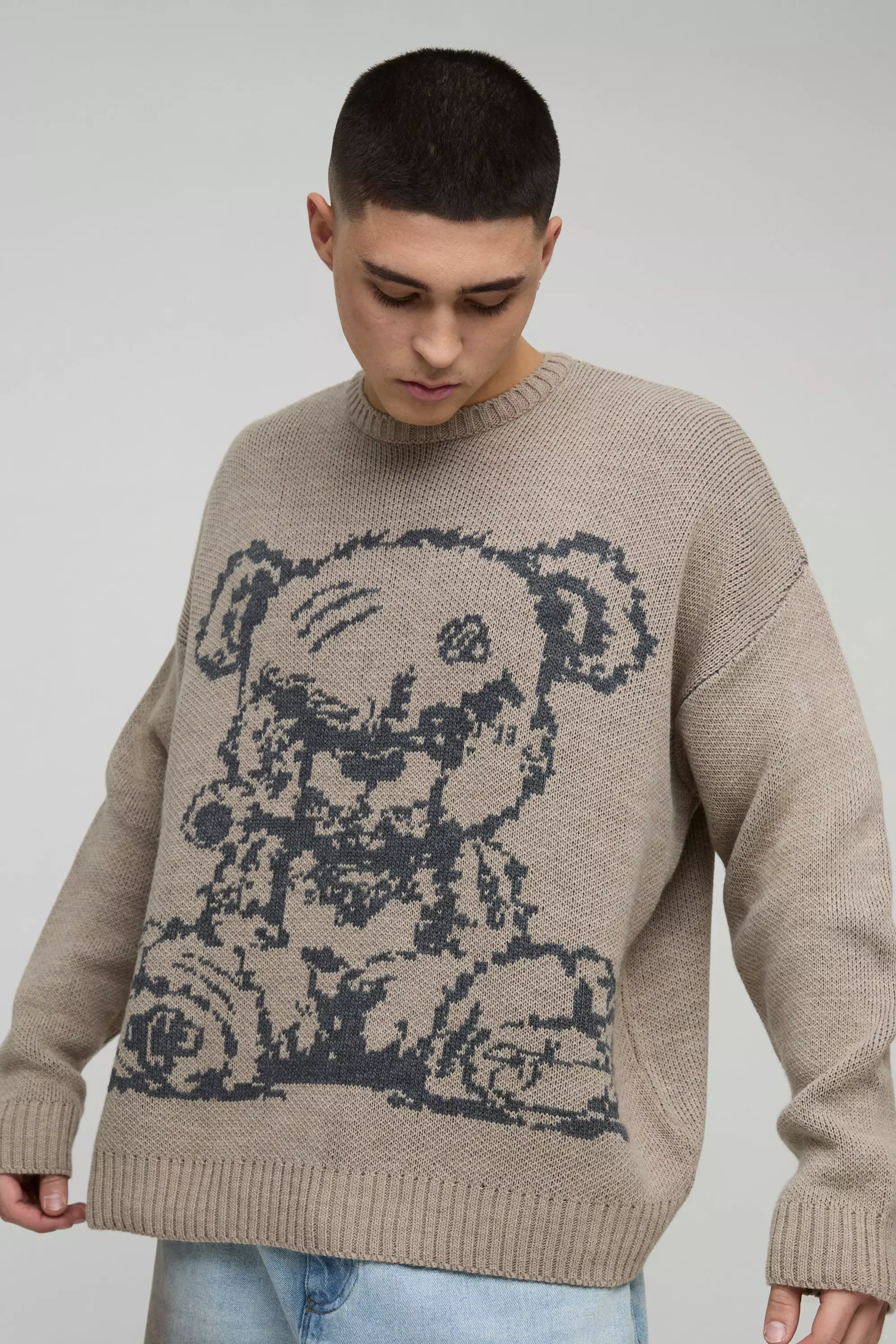 Oversized Teddy Graphic Knitted Jumper Stone