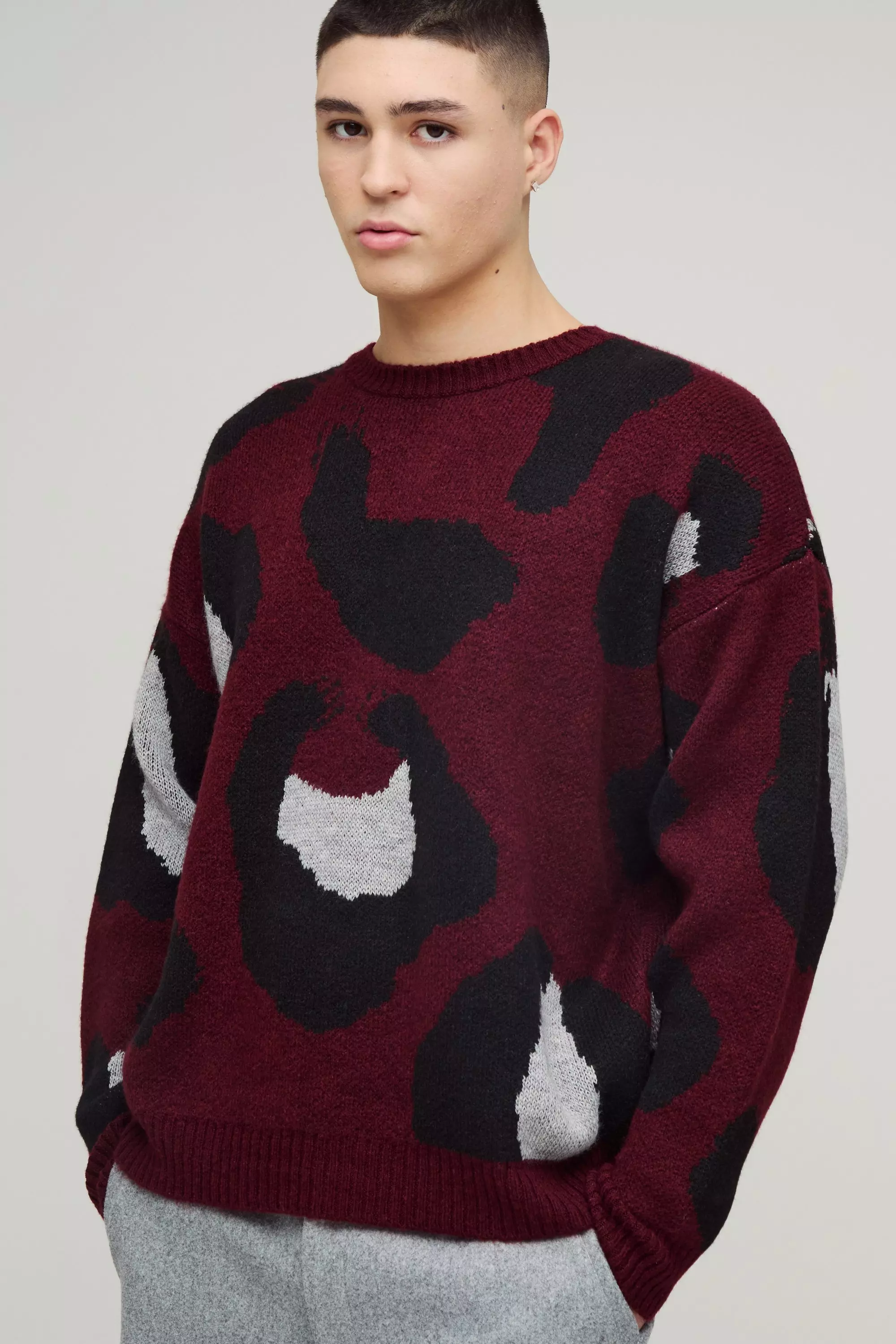 Oversized Eyelash Knit Leopard Print Knitted Jumper Burgundy