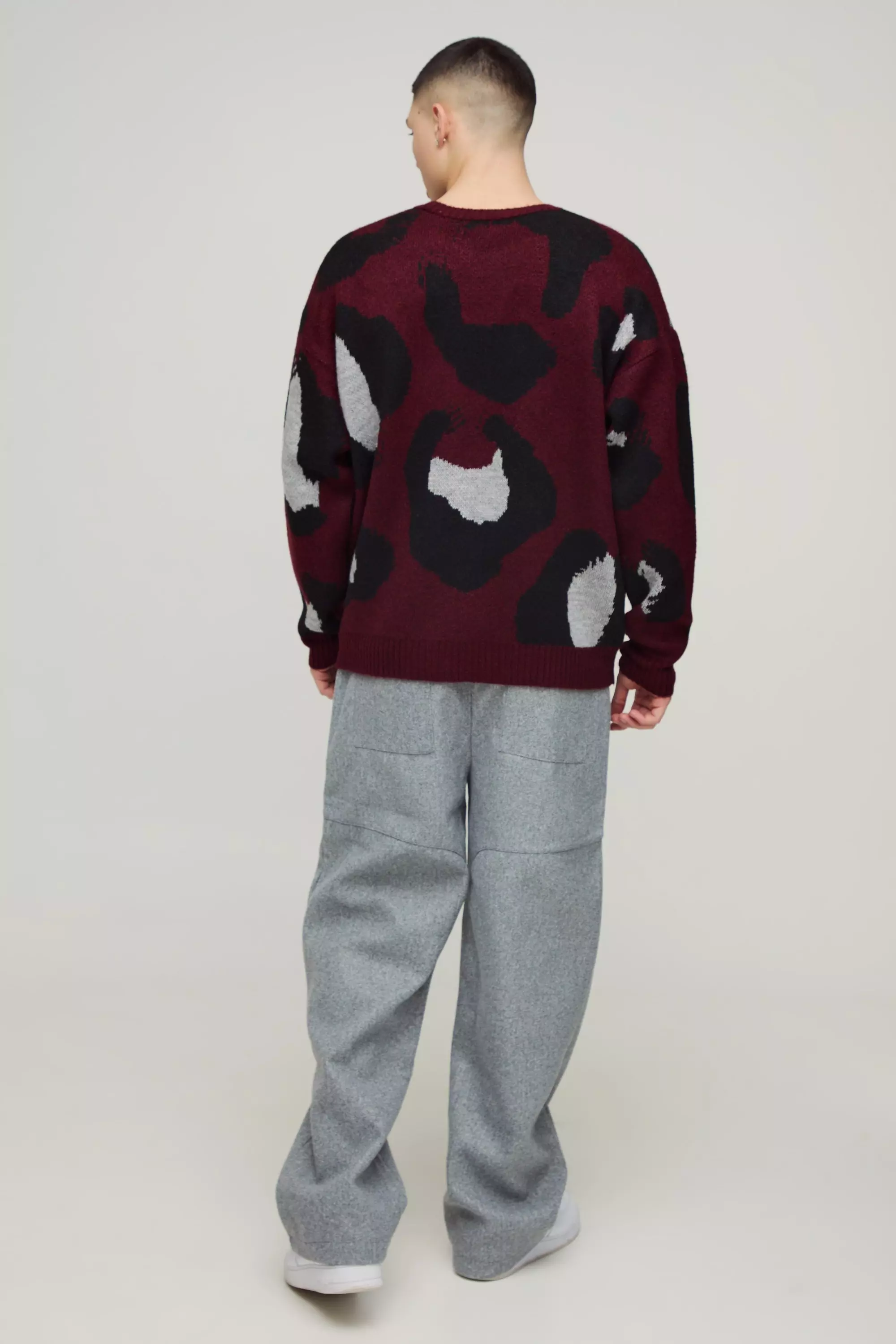 Burgundy Oversized Gebreide Luipaardprint Trui alternatieve afbeelding
