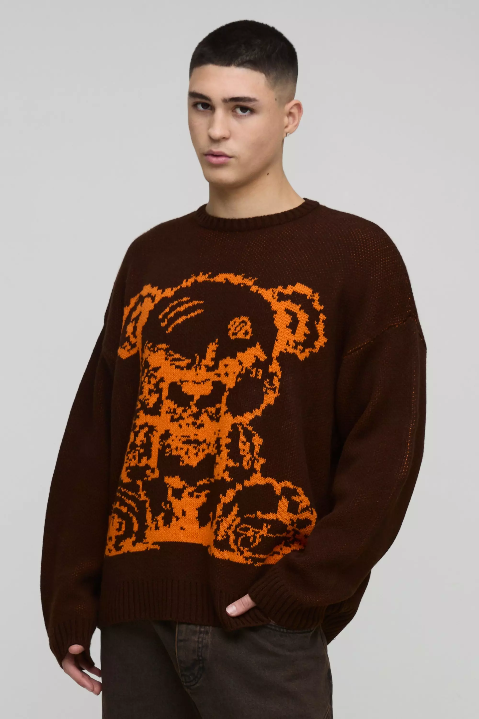 Oversized Teddy Graphic Knitted Jumper Brown