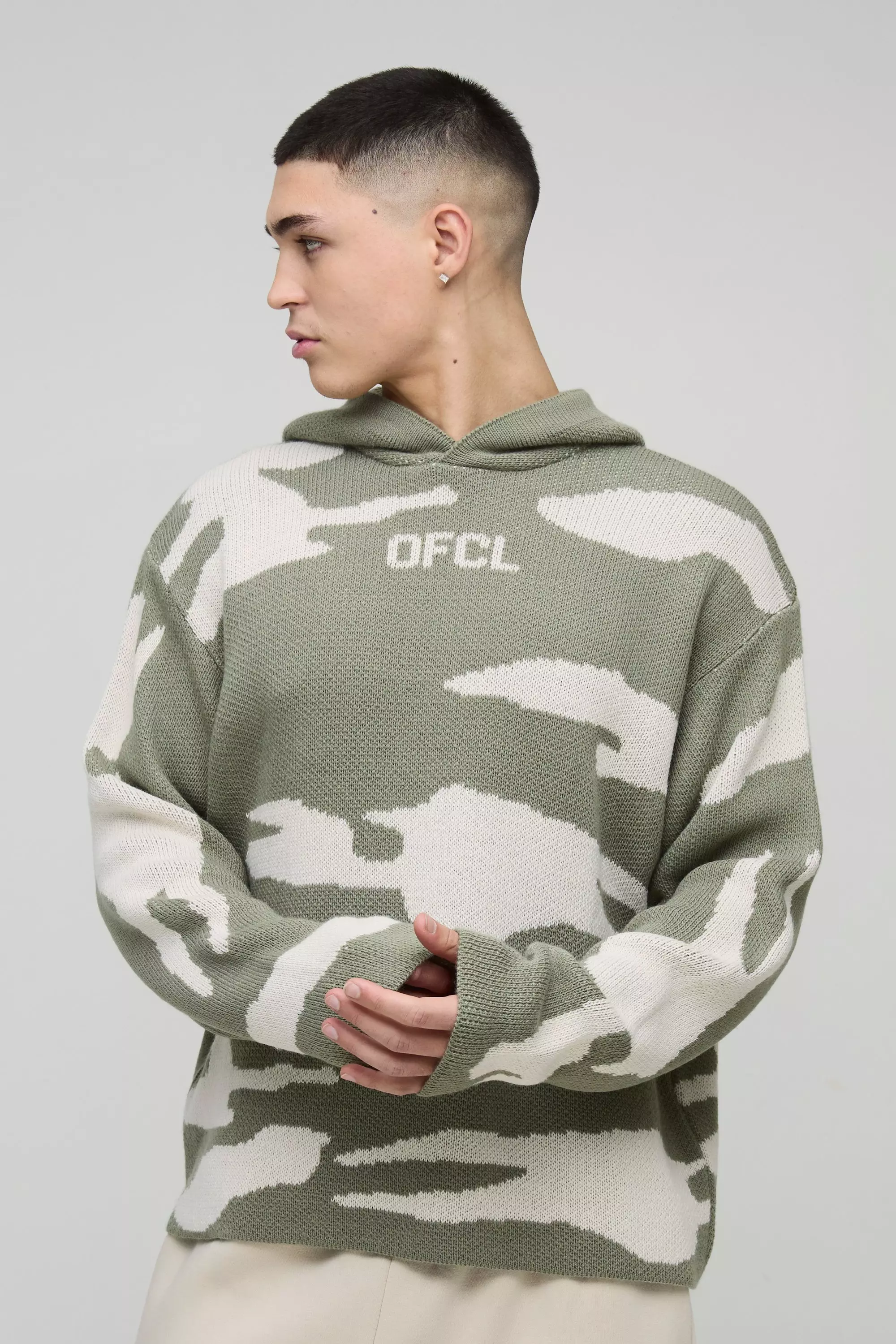 Oversized Ofcl Camo Raw Edge Knitted Hoodie Khaki