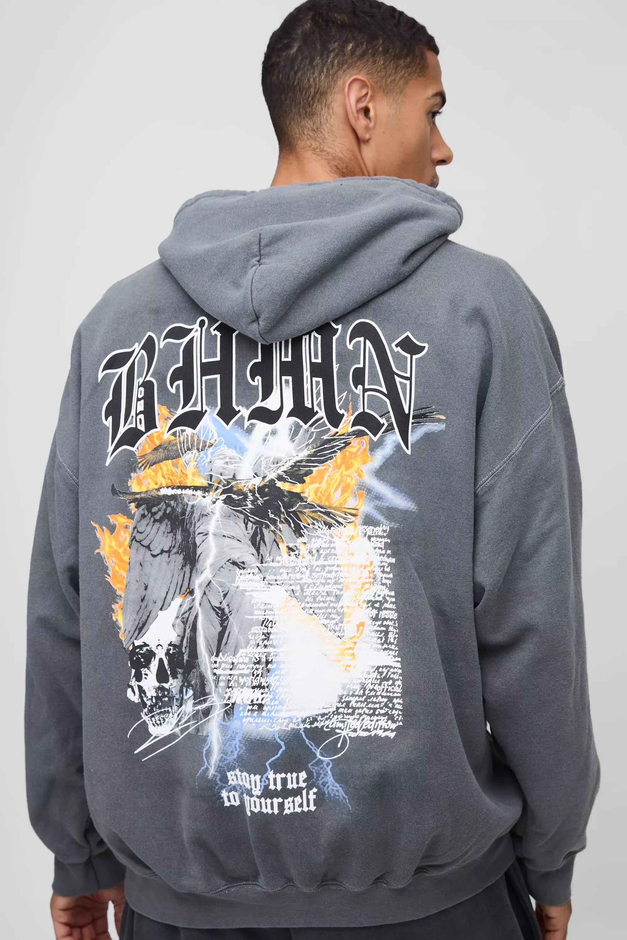 Oversized BHMN Gothic Bird Large Graphic Washed Hoodie Charcoal