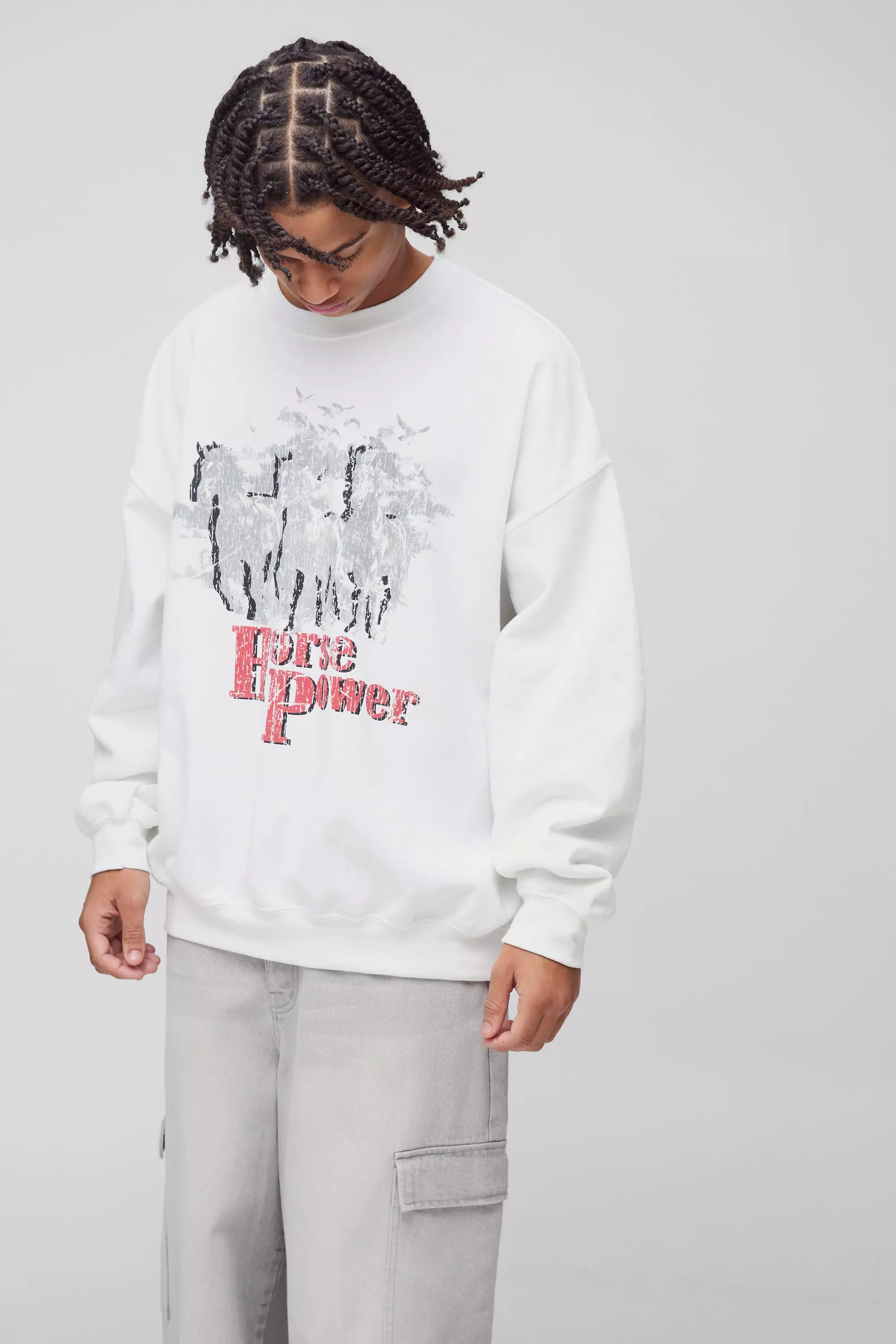 White Oversized Western Horse Power Trui Met Print alternatieve afbeelding