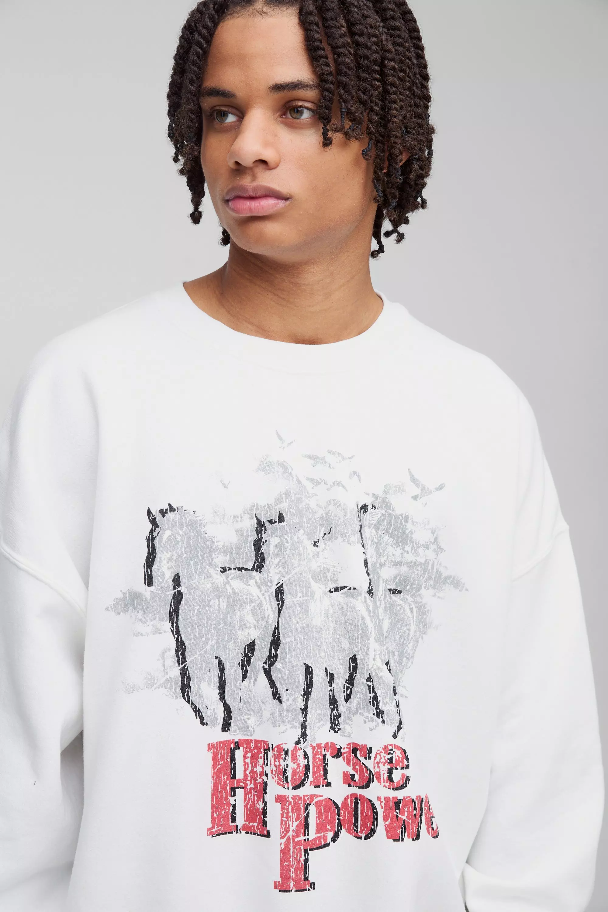 White Oversized Western Horse Power Trui Met Print alternatieve afbeelding