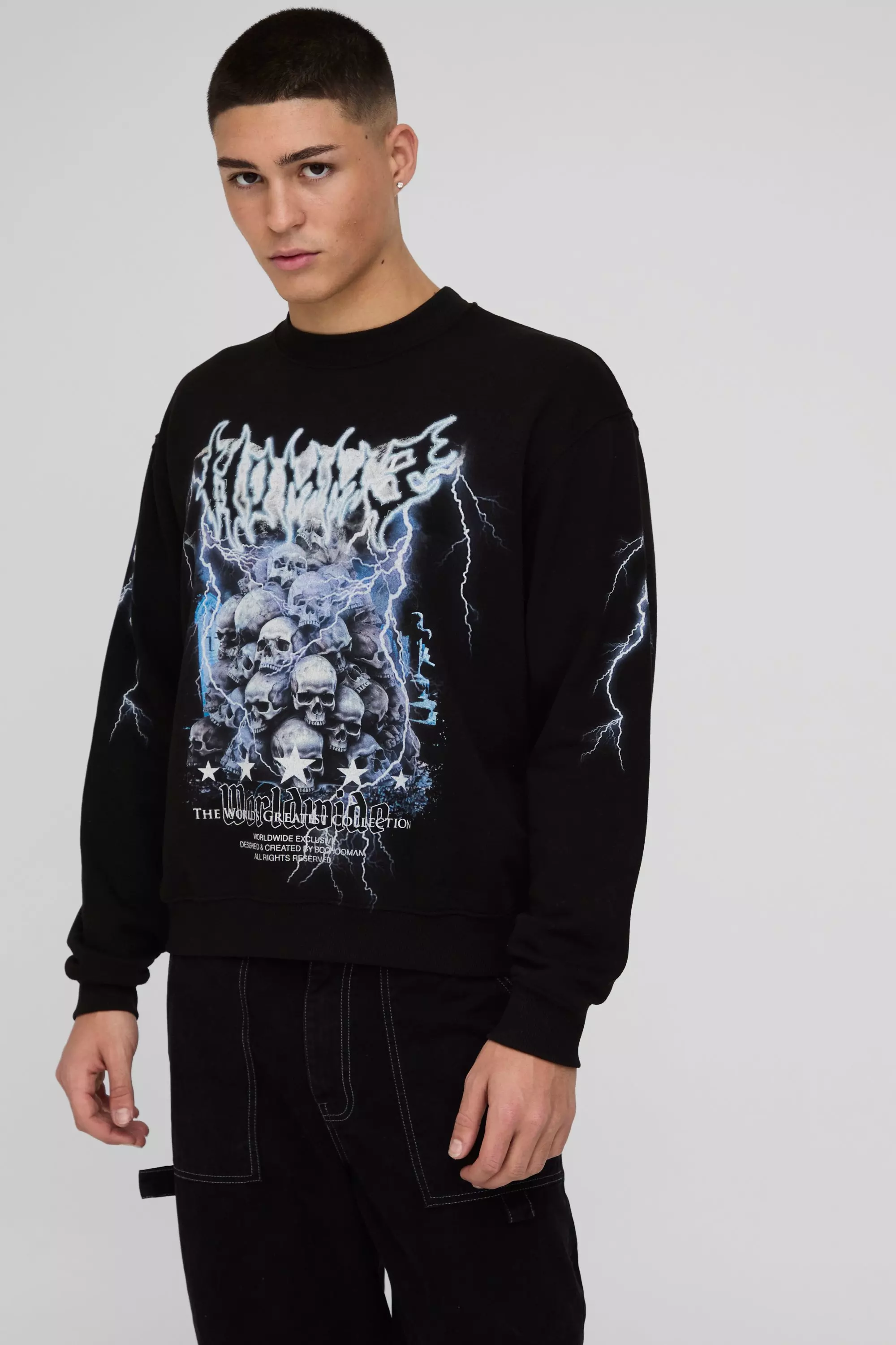 Oversized Homme Gothic Star Over Seams Graphic Sweatshirt Black