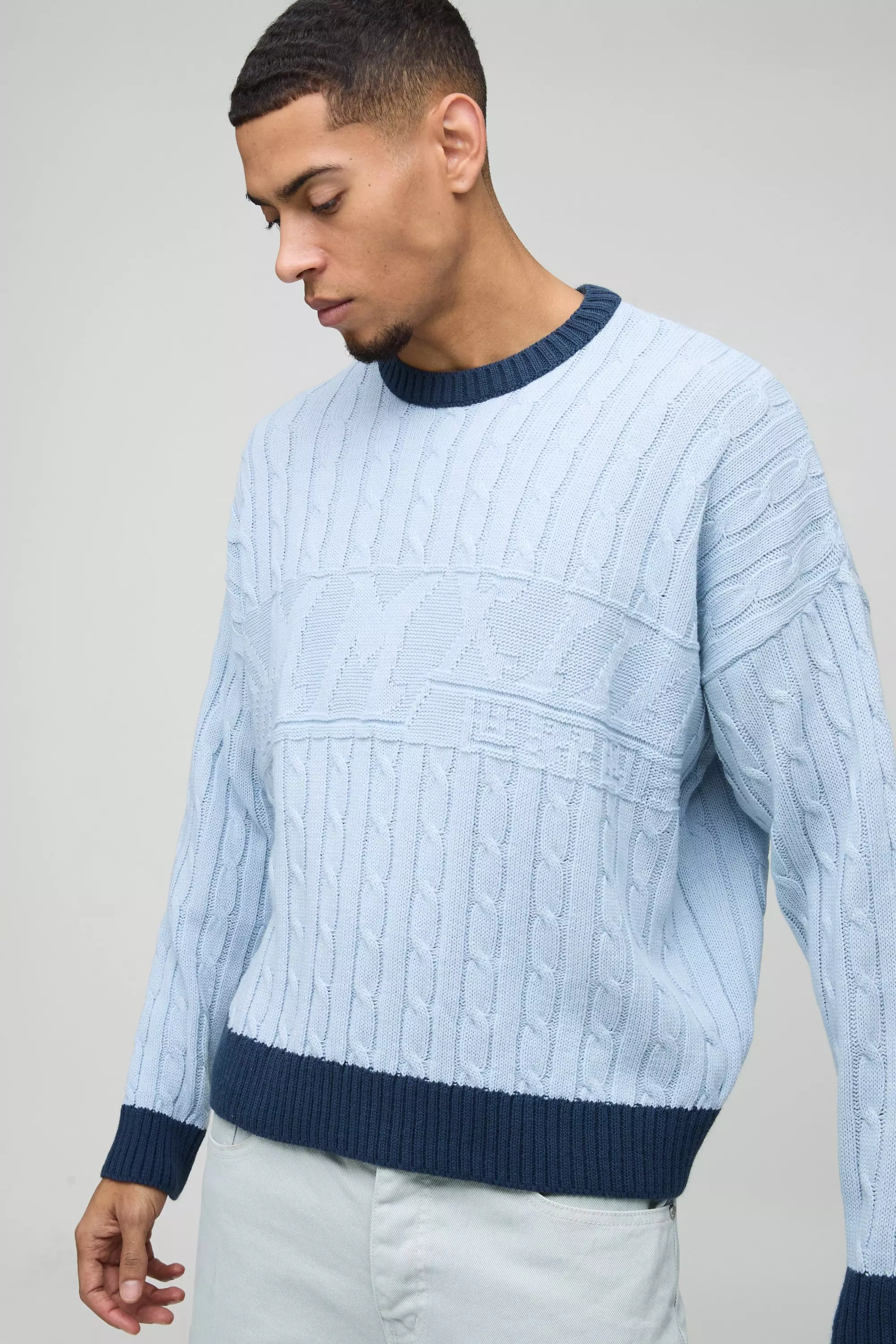 Oversized Boxy Tonal Cable Knitted Jumper Blue