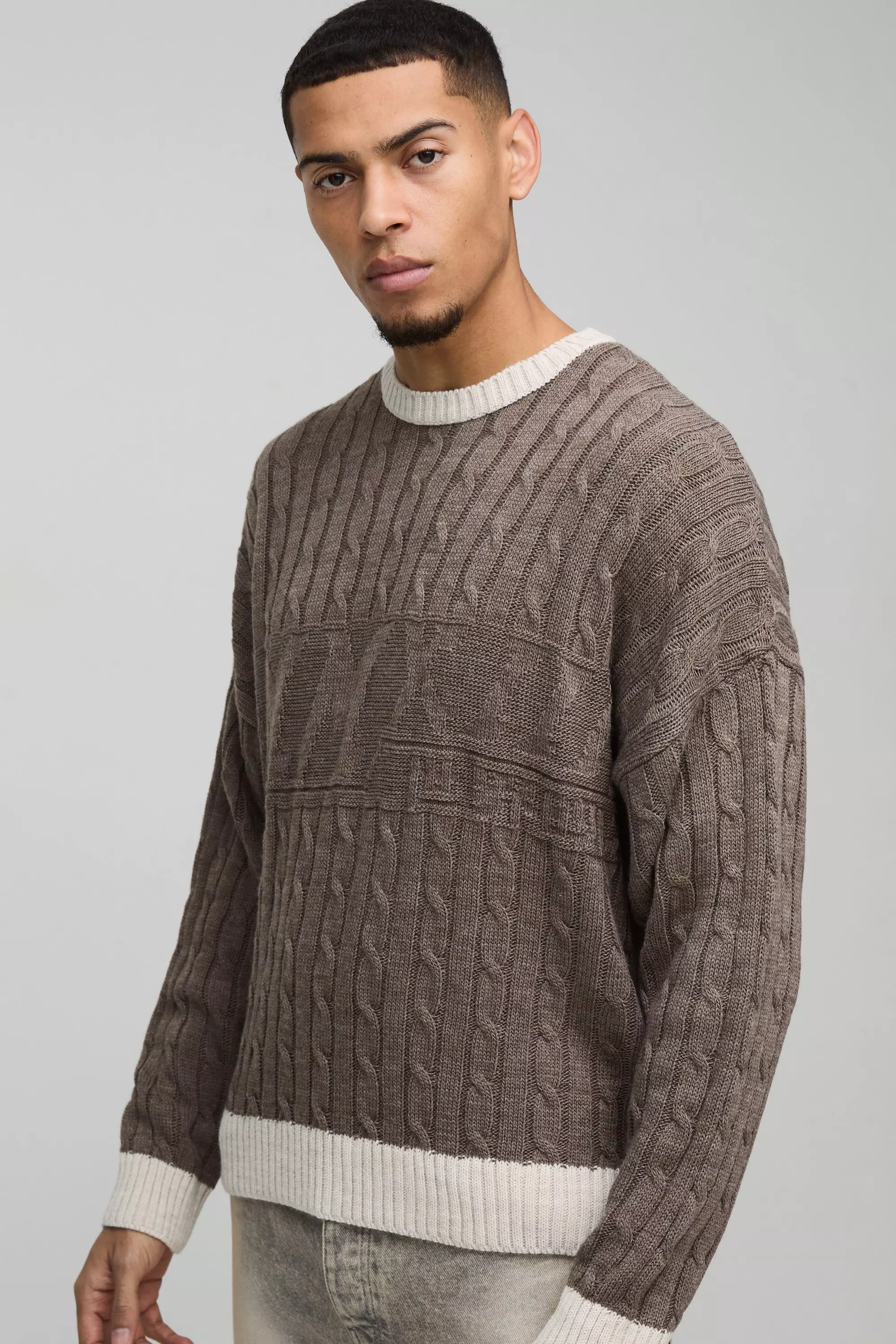 Oversized Boxy Tonal Cable Knitted Jumper Brown