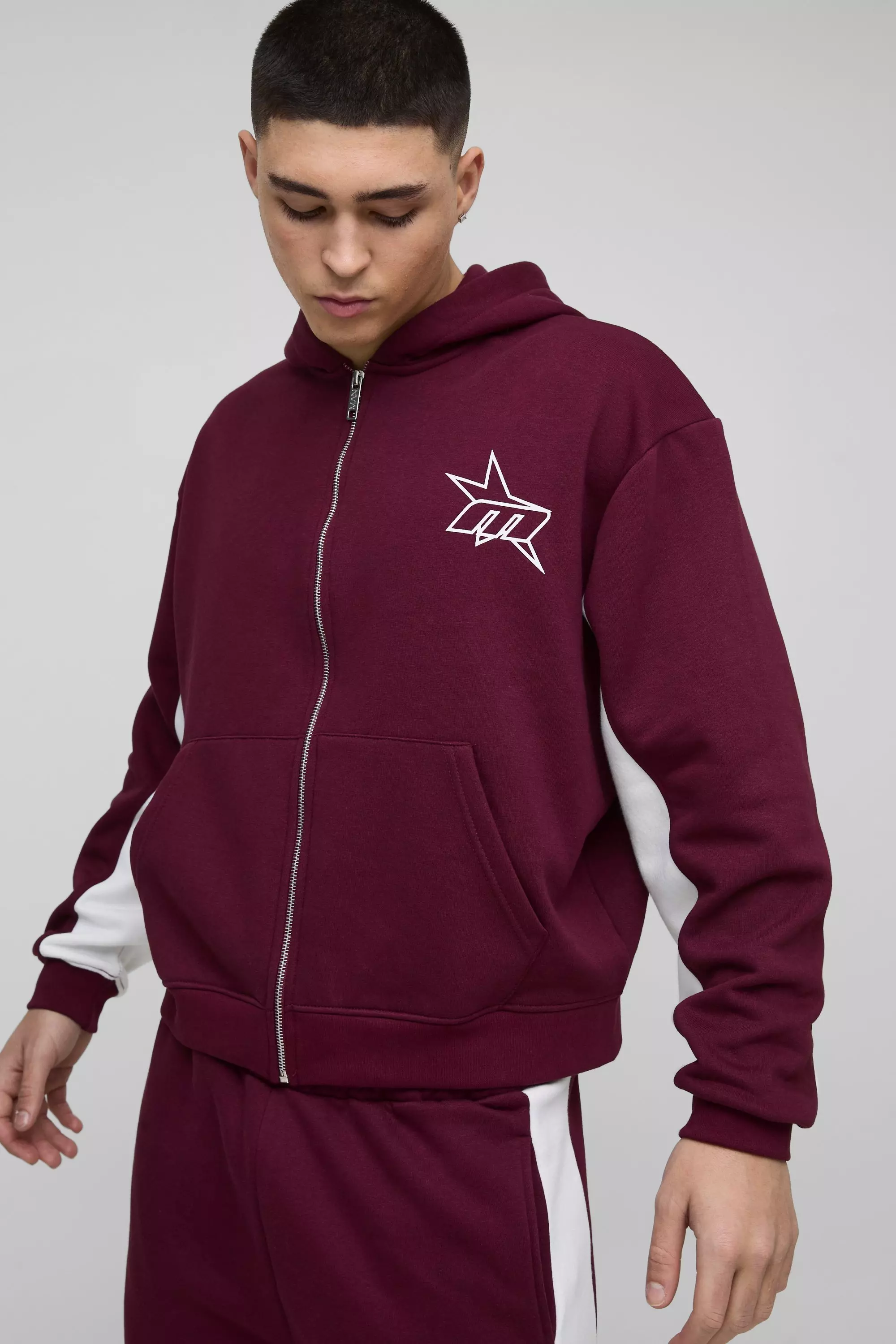 Oversized Boxy M Star Panelled Zip Through Hoodie Burgundy