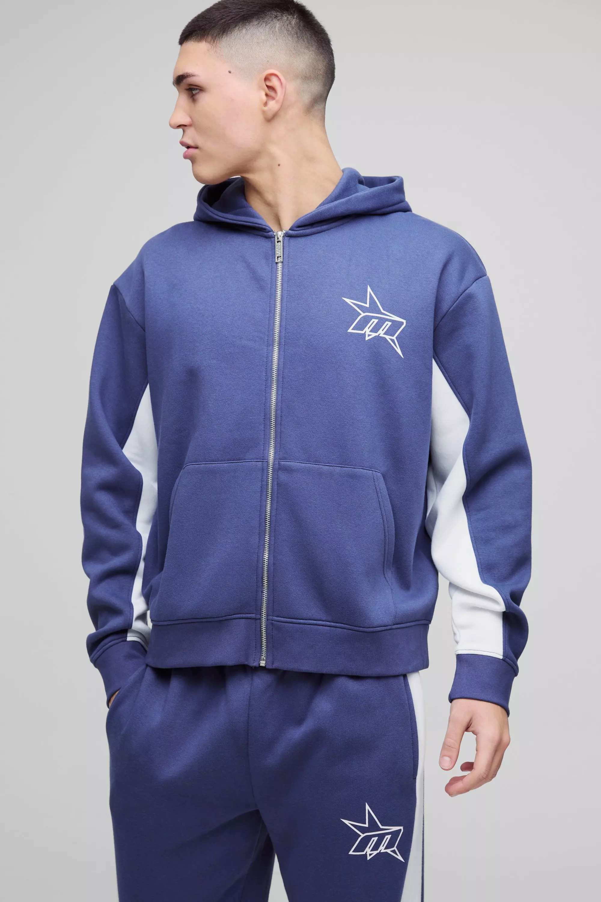 Oversized Boxy M Star Panelled Zip Through Hoodie | boohooMAN USA