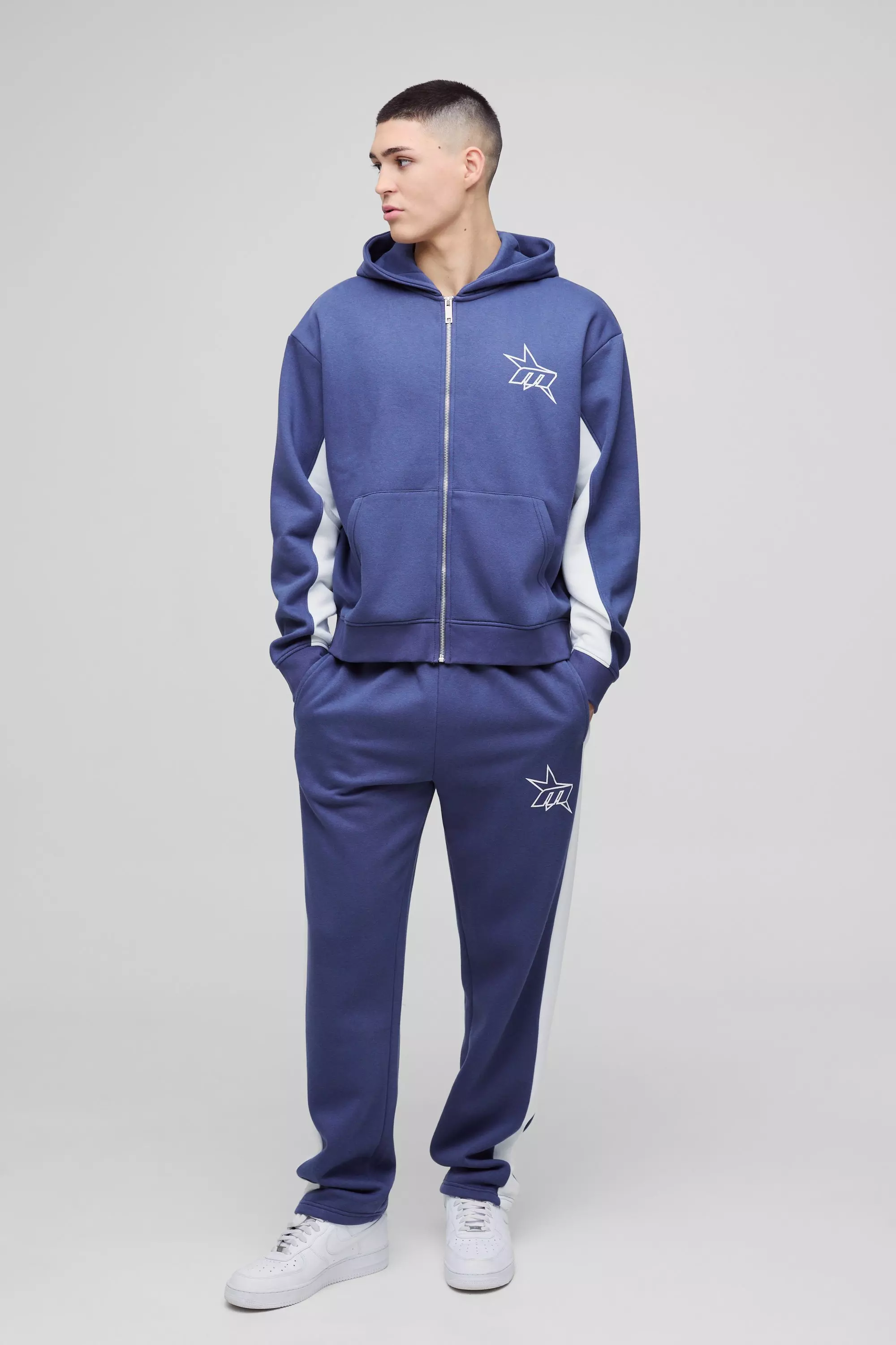 Oversized Boxy M Star Panelled Zip Through Hoodie | boohooMAN USA