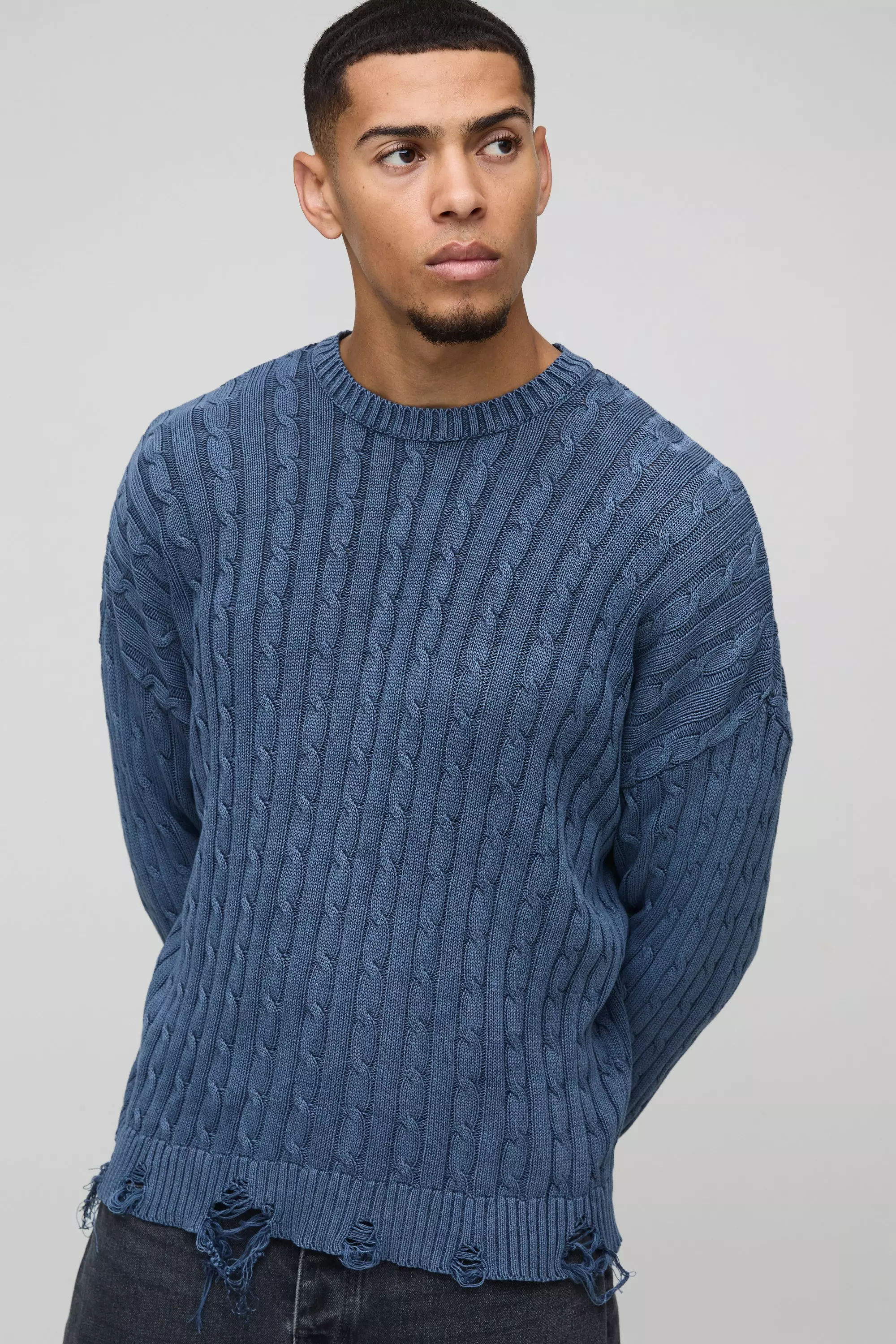 Oversized Boxy Cable Knit Acid Wash Knitted Jumper Blue