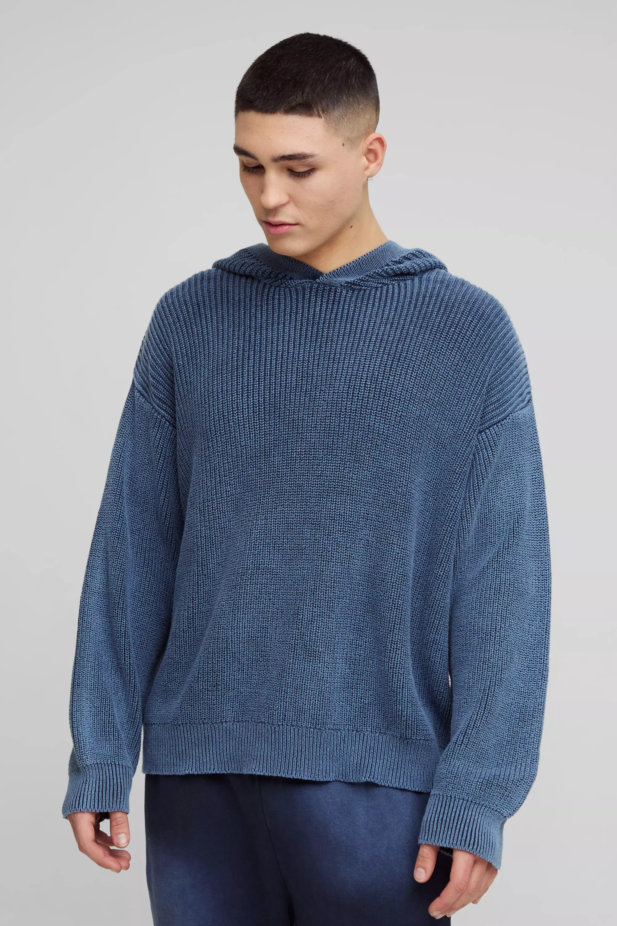 Blue Oversized Boxy Acid Wash Knitted Hoodie alternative image
