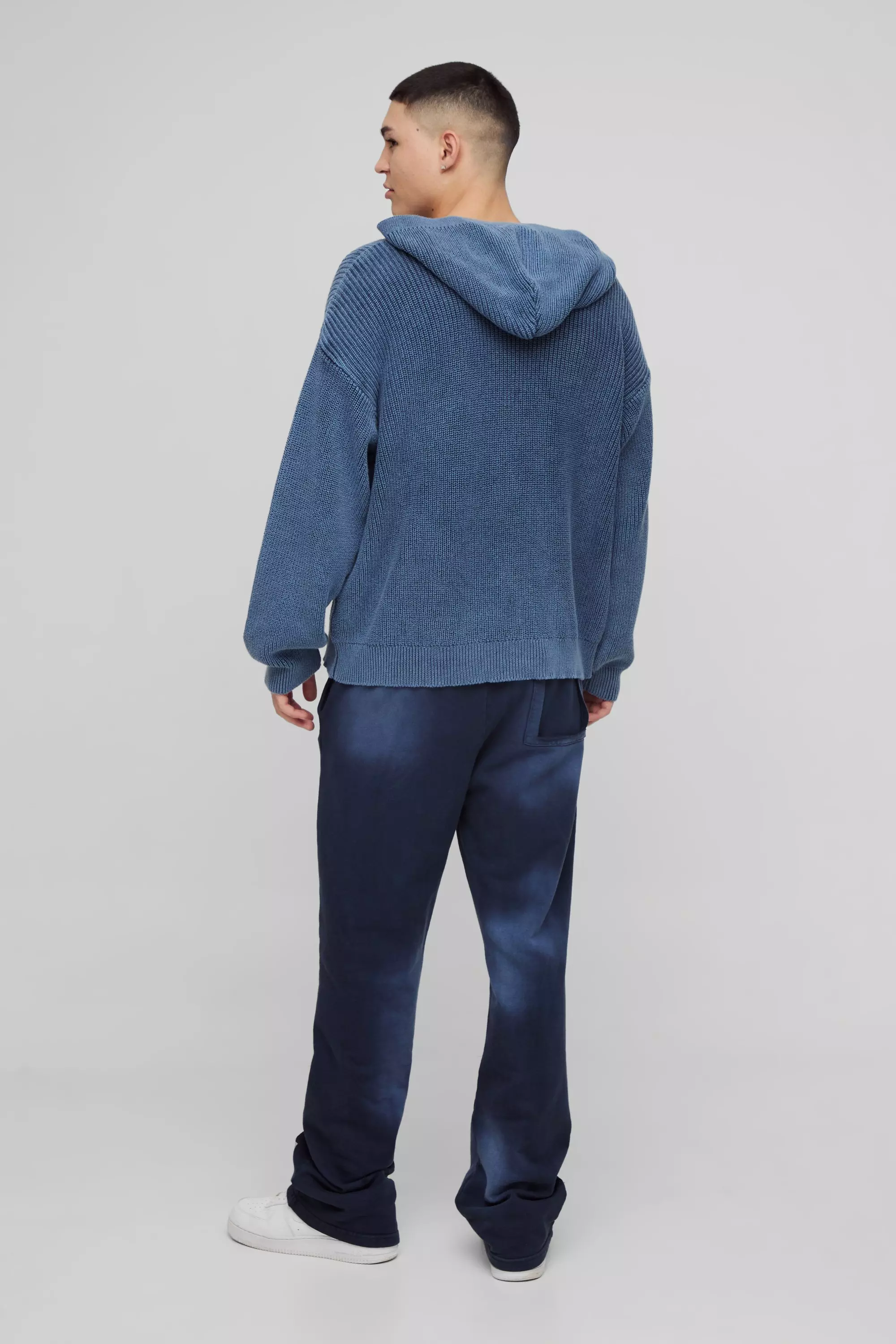 Blue Oversized Boxy Acid Wash Knitted Hoodie alternative image