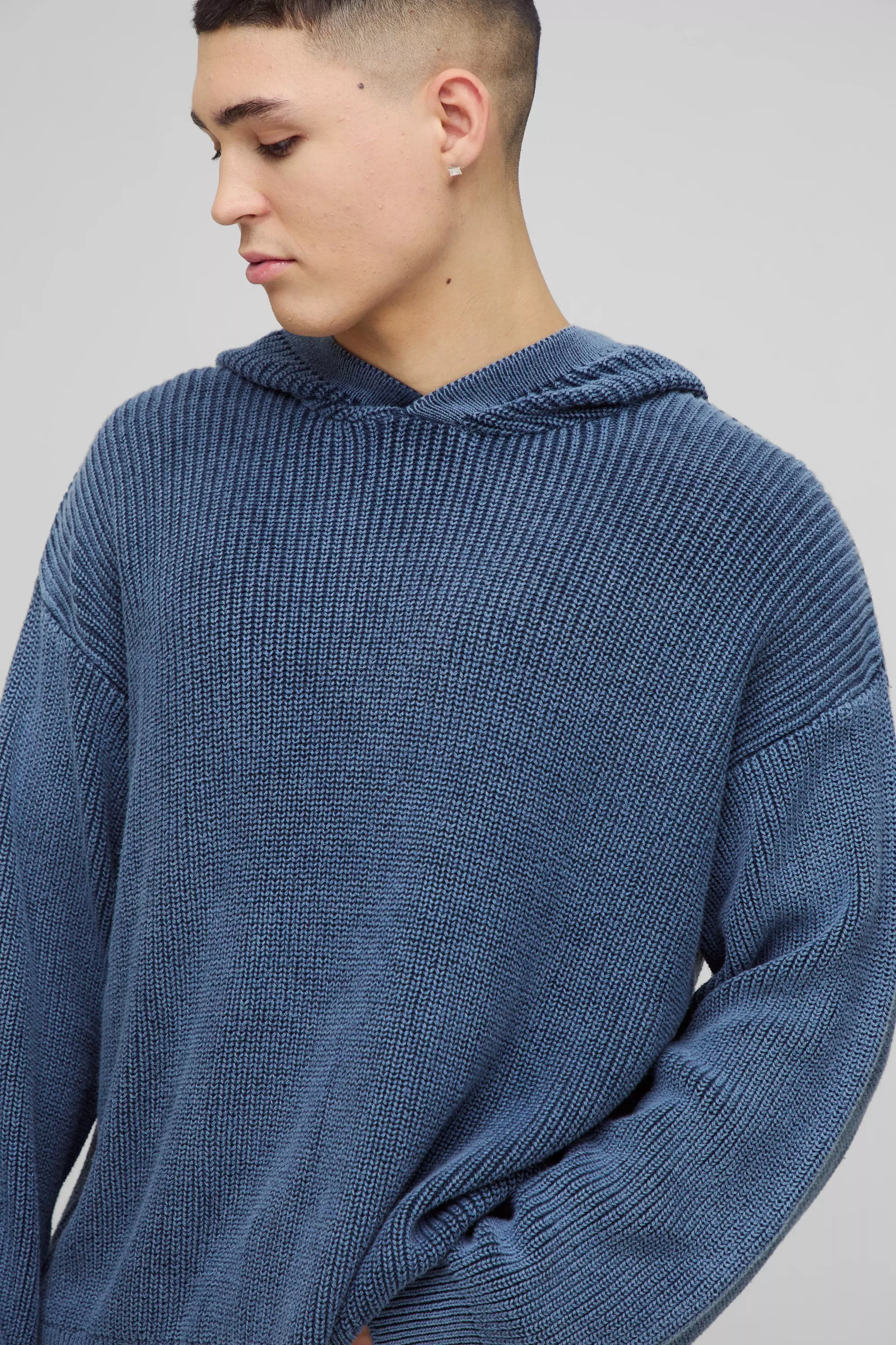 Blue Oversized Boxy Acid Wash Knitted Hoodie alternative image