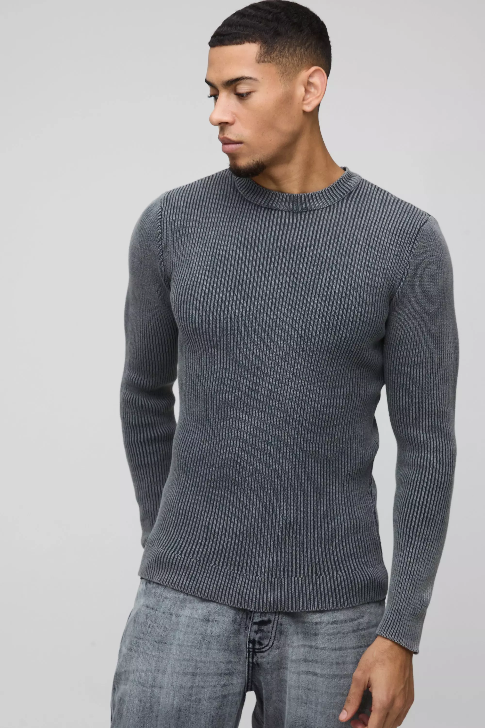 Muscle Fit Ribbed Acid Wash Knitted Jumper Charcoal