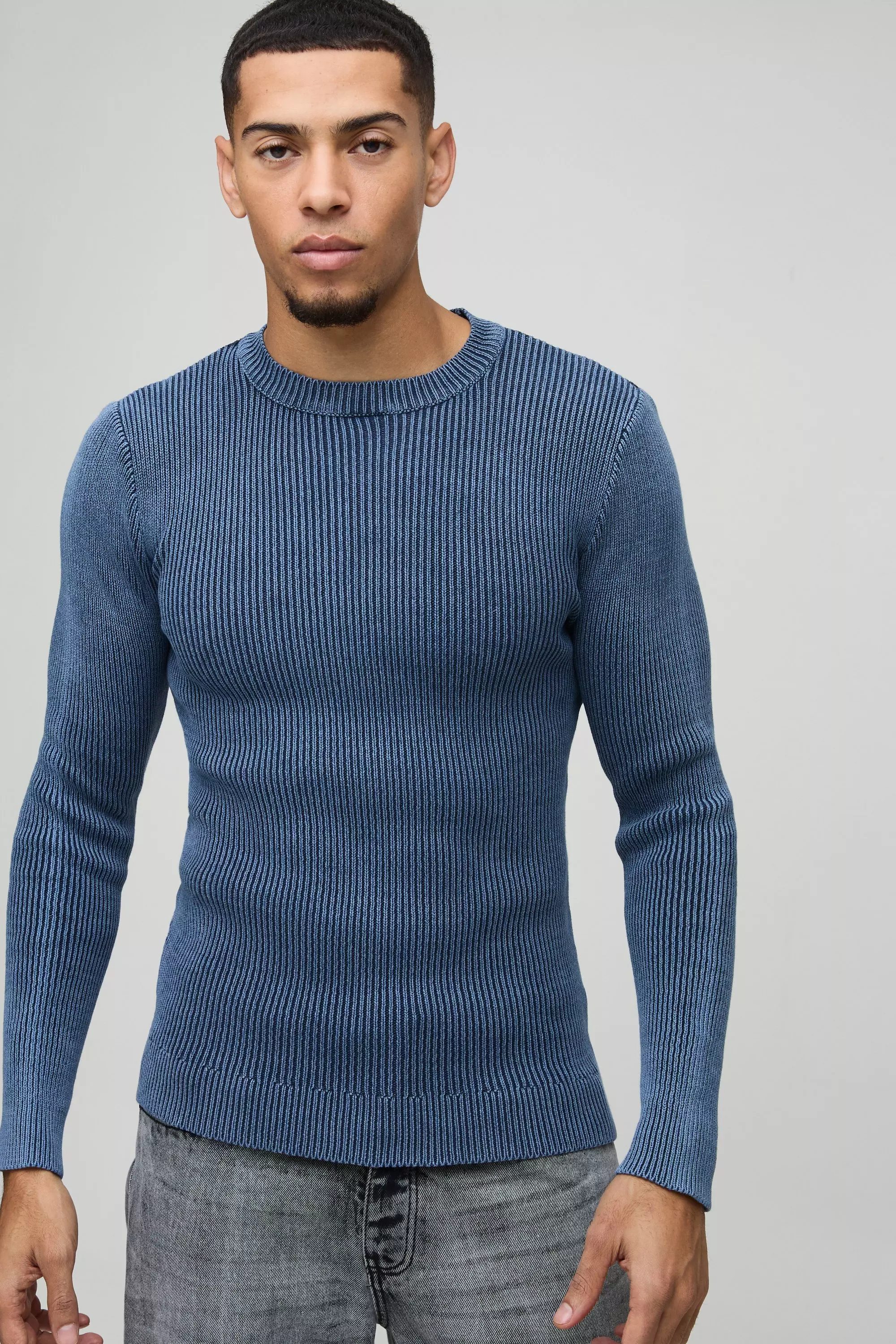 Muscle Fit Ribbed Acid Wash Ribbed Knitted Jumper Blue