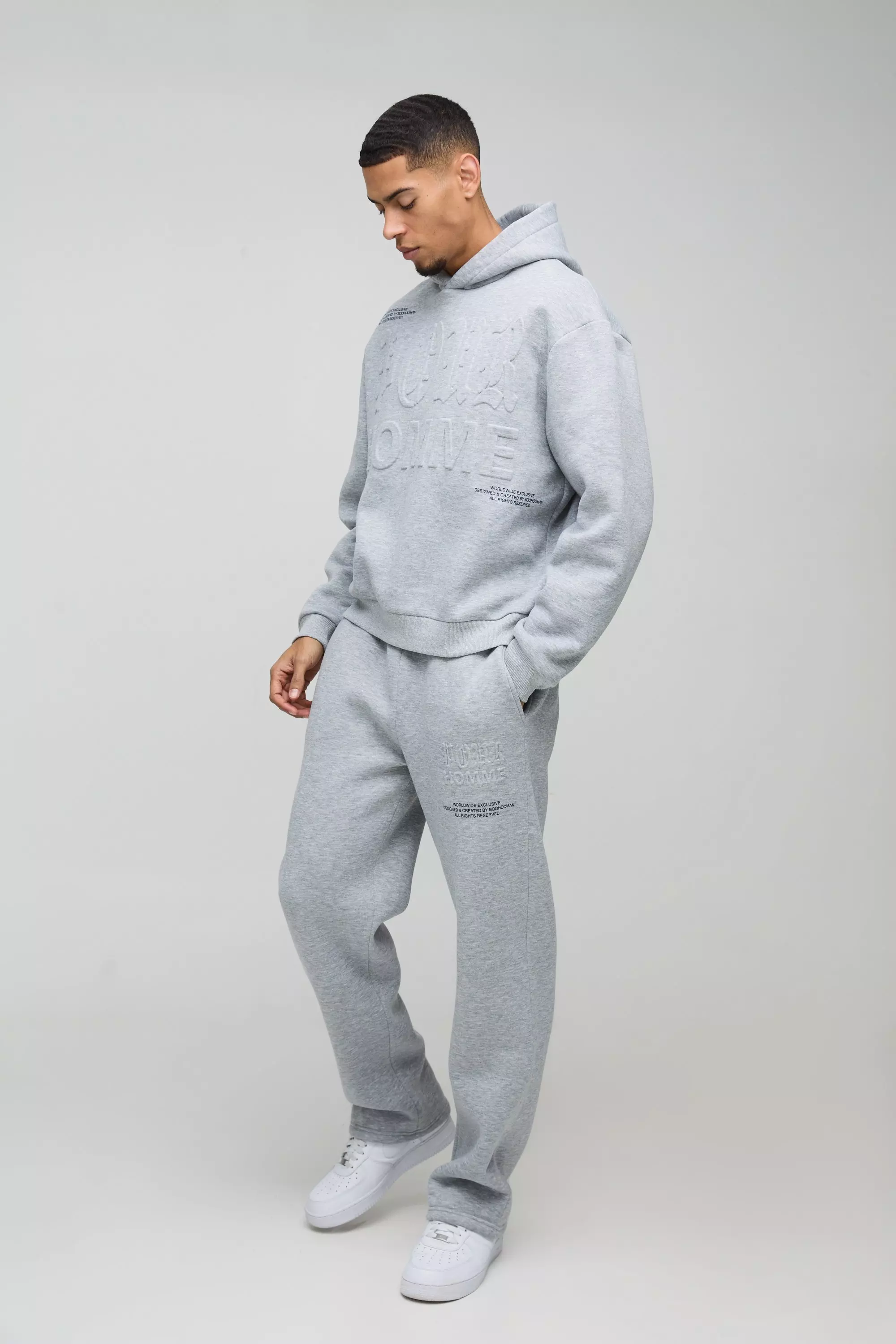 Grey Oversized Boxy Homme Printed Embossed Tracksuit