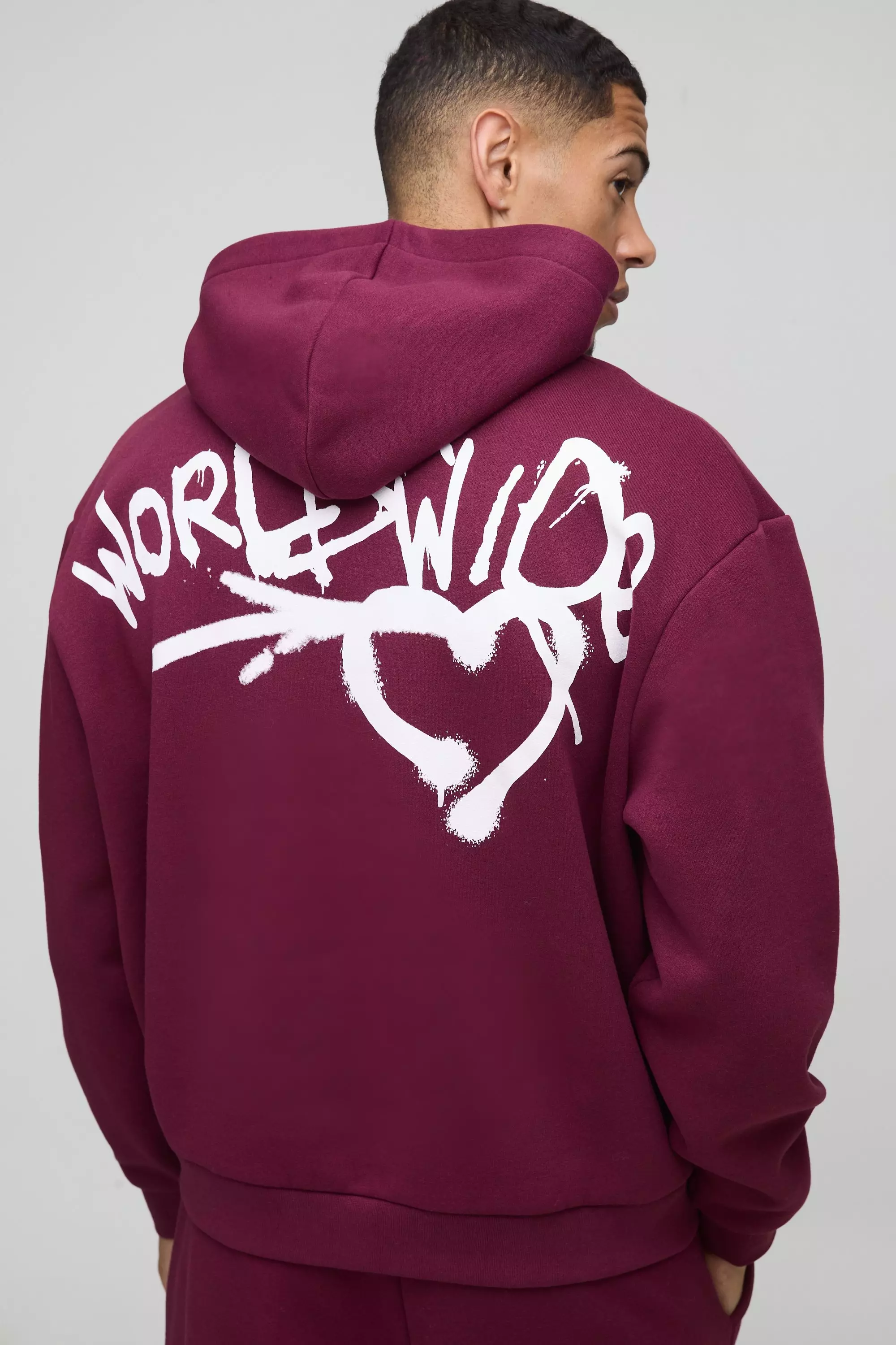 Oversized Boxy Spray Graffiti Print Hoodie Burgundy