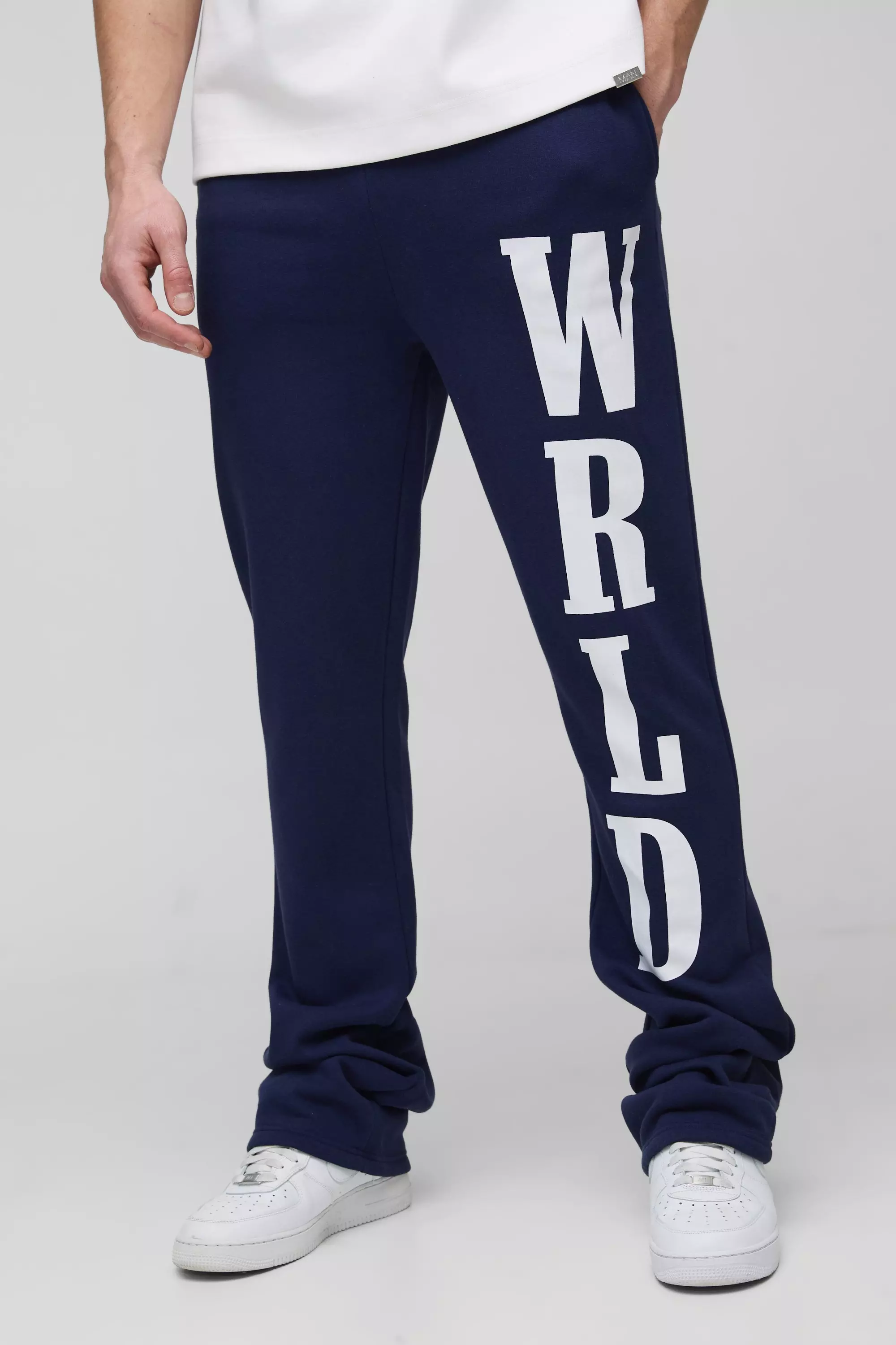 Tall Slim Stacked Wrld Print Gusset Jogger Navy