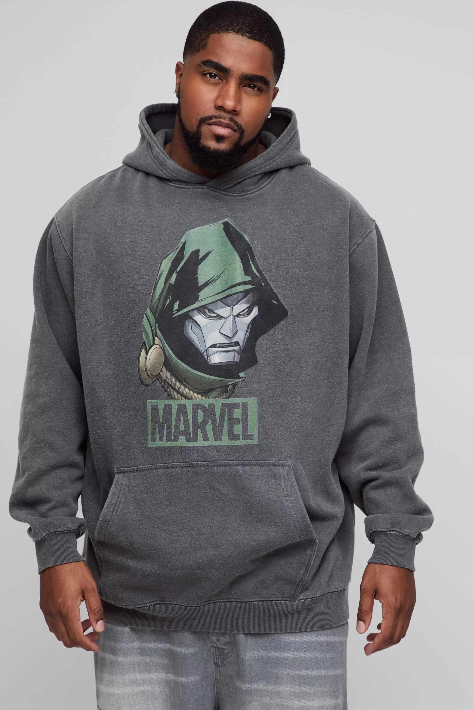 Plus Oversized Wash Marvel Dr Doom License Print Hoodie Charcoal