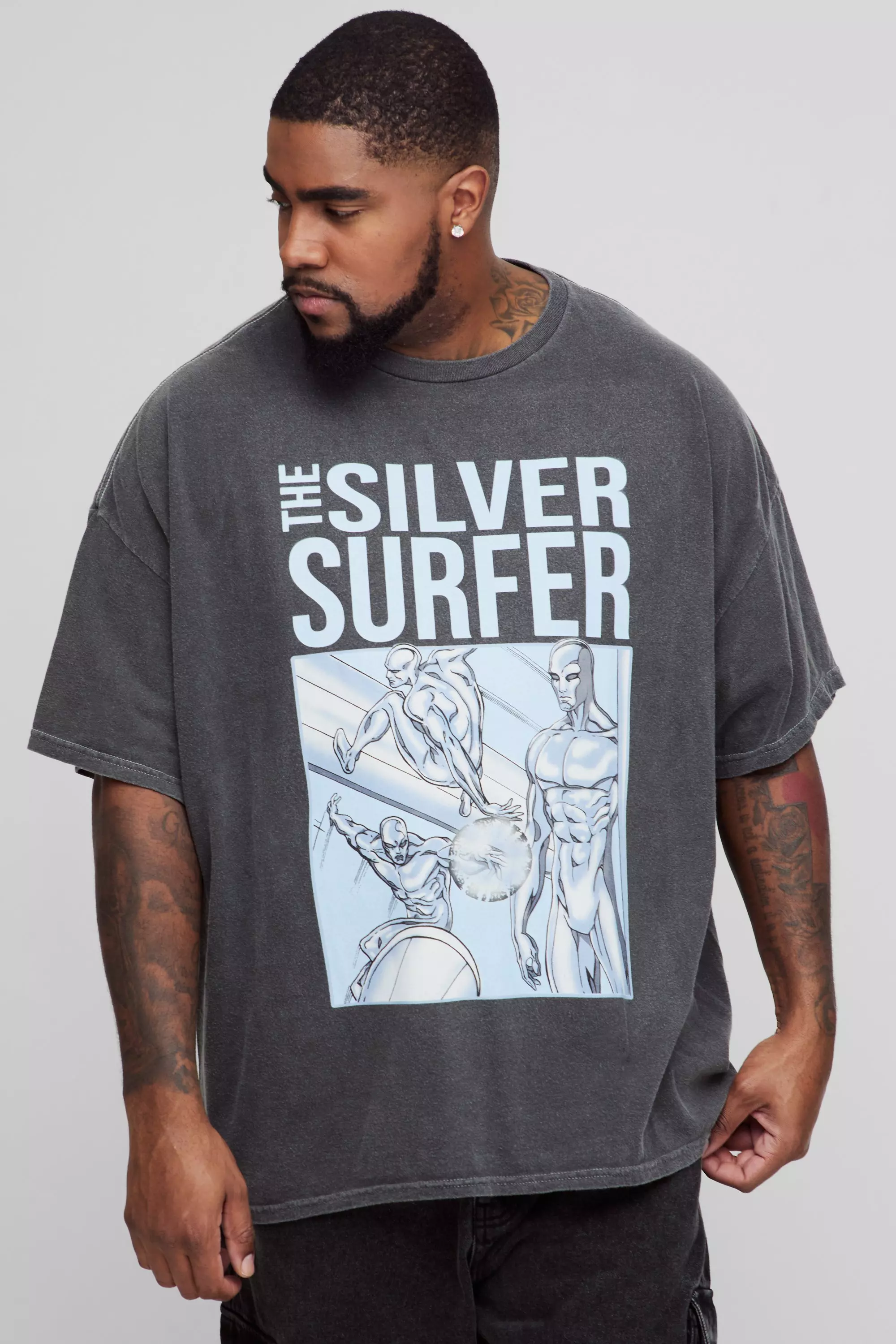 Plus Oversized Wash Silver Surfer Comic License Print T-Shirt Charcoal