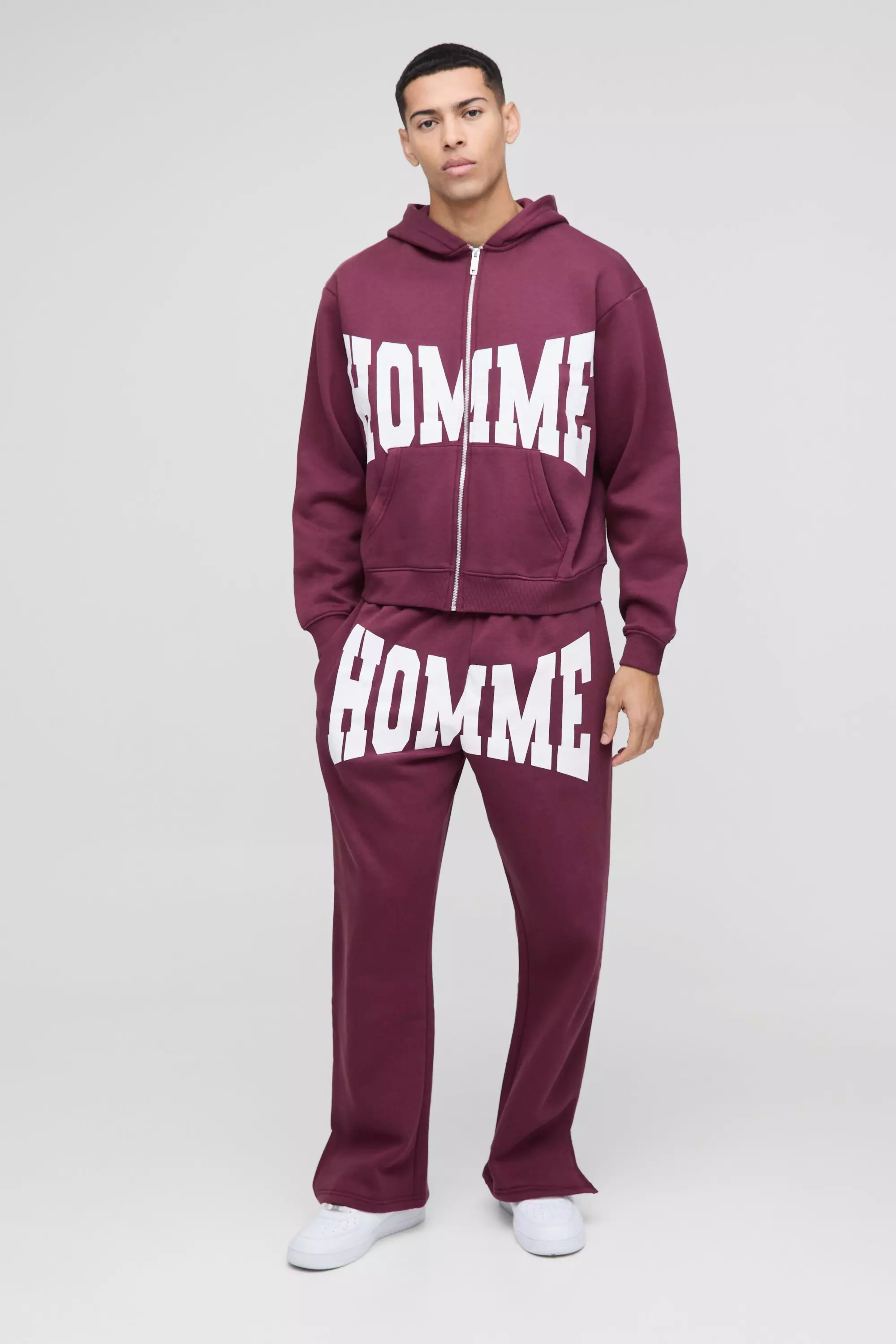 Burgundy Oversized Homme Zip Hooded Split Hem Tracksuit alternative image
