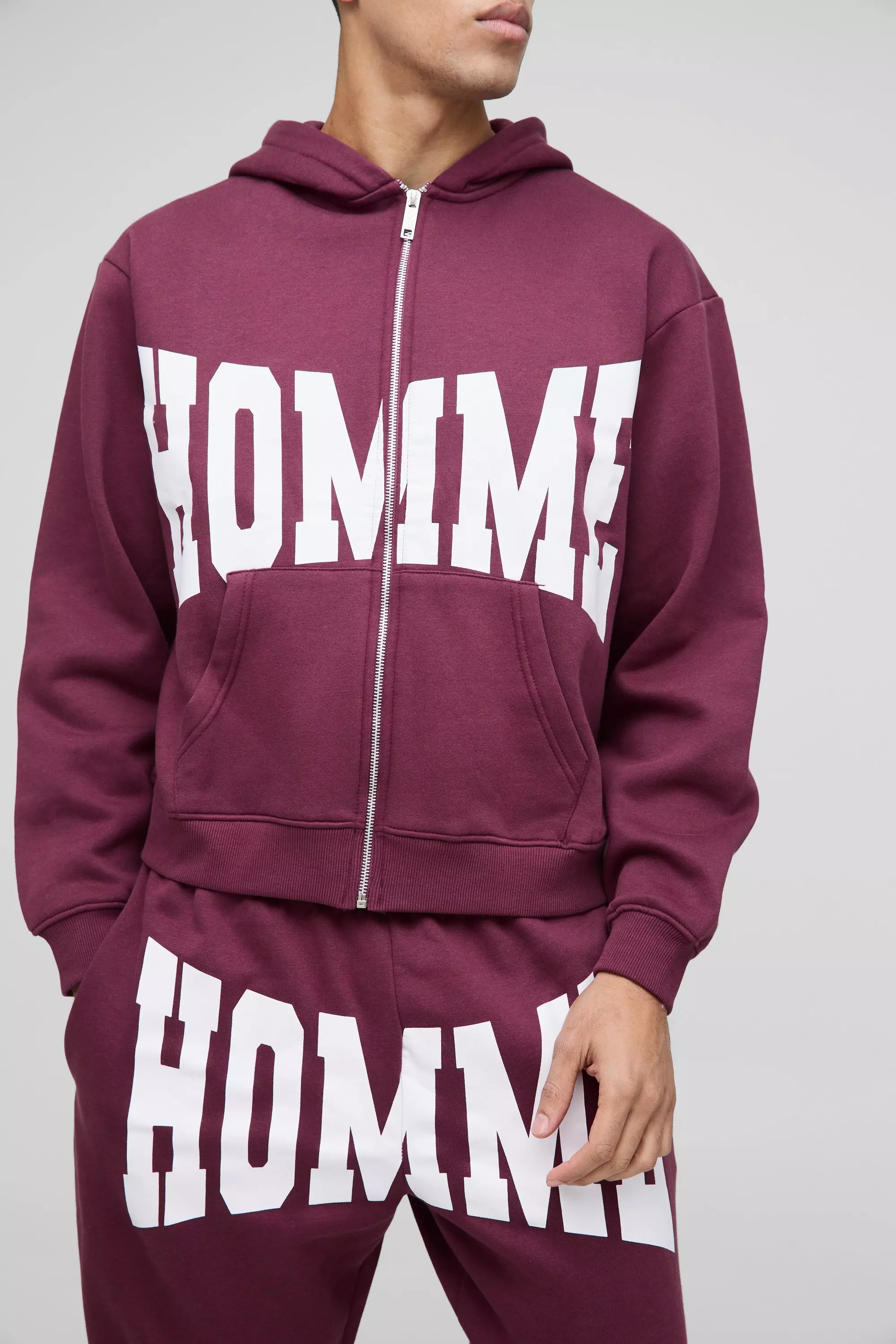 Burgundy Oversized Homme Zip Hooded Split Hem Tracksuit alternative image