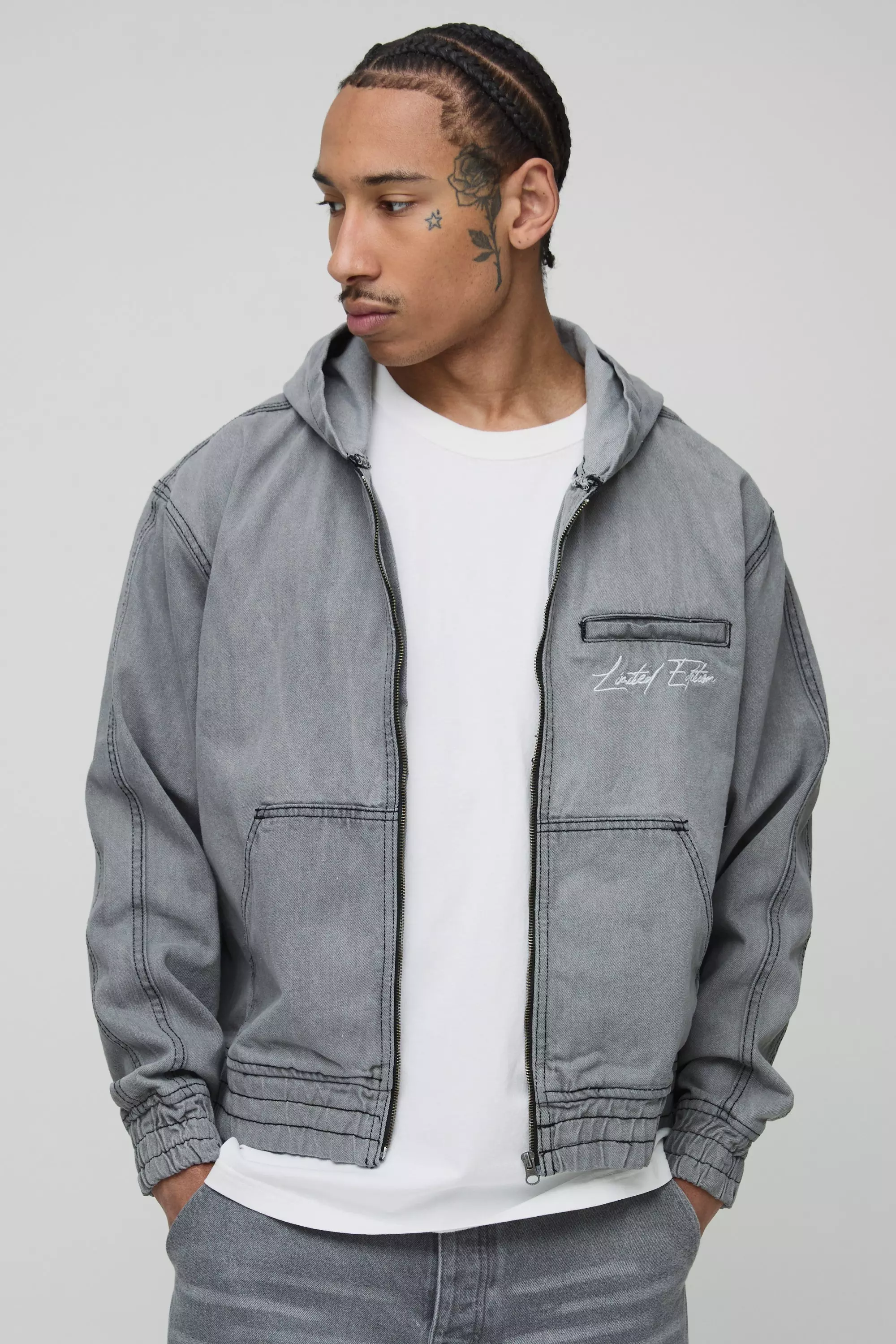 Kastiger Denim-Hoodie mit Stickerei, Grey alternatives Bild