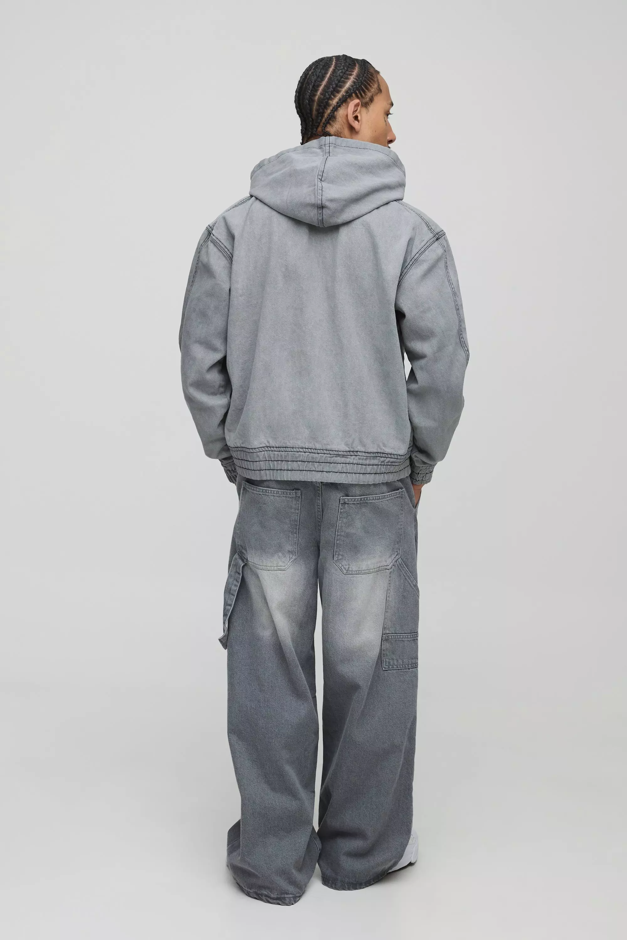 Kastiger Denim-Hoodie mit Stickerei, Grey alternatives Bild