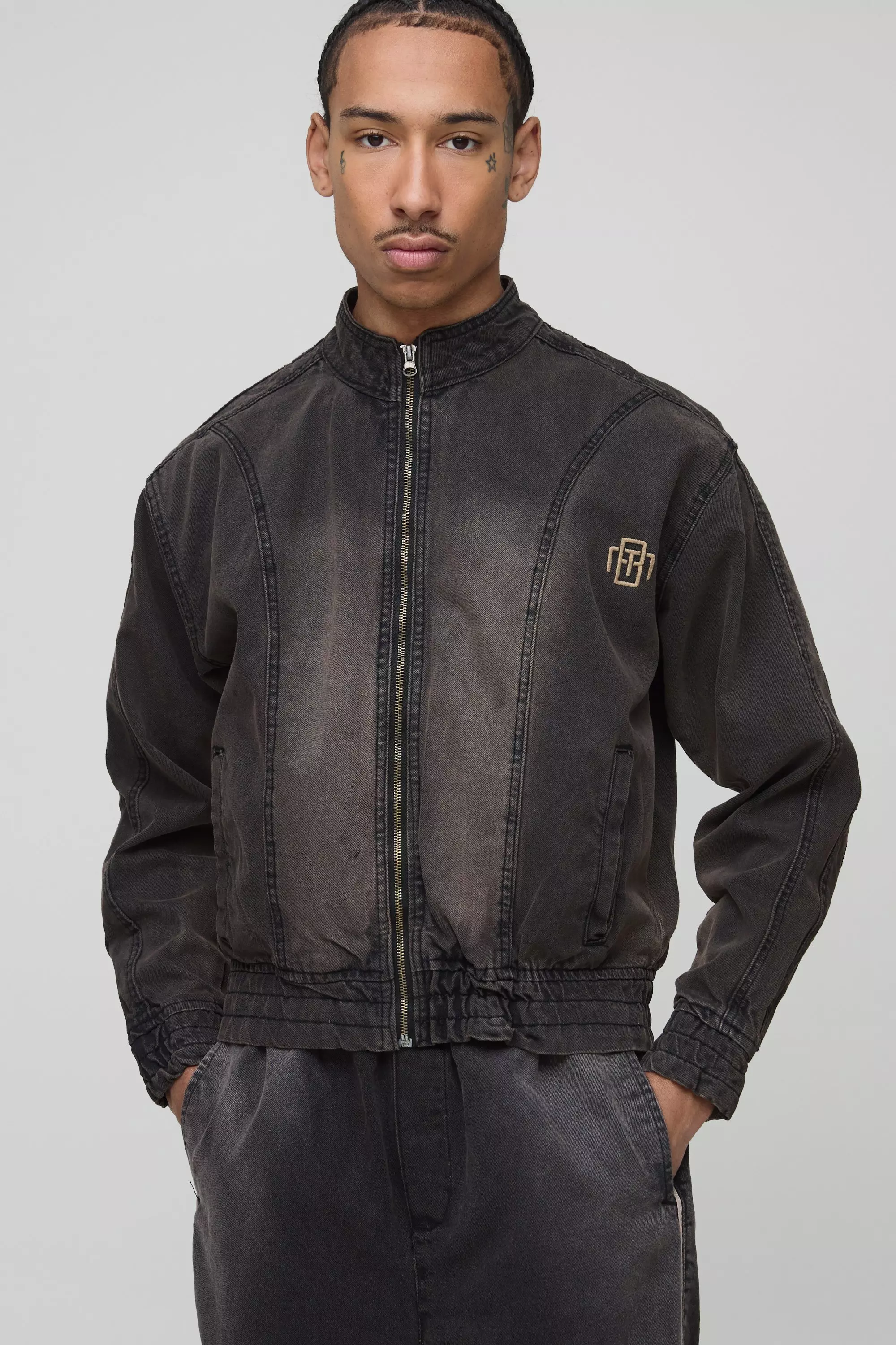 Sand Boxy Funnel Neck Embroidery Denim Bomber alternative image