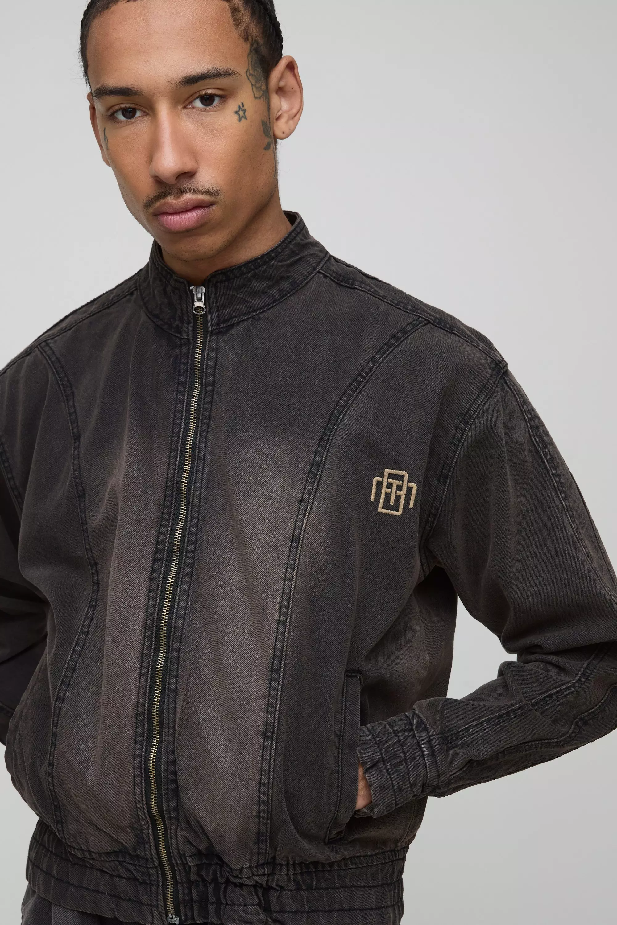 Bomber oversize en jean à col montant, Sand autre image