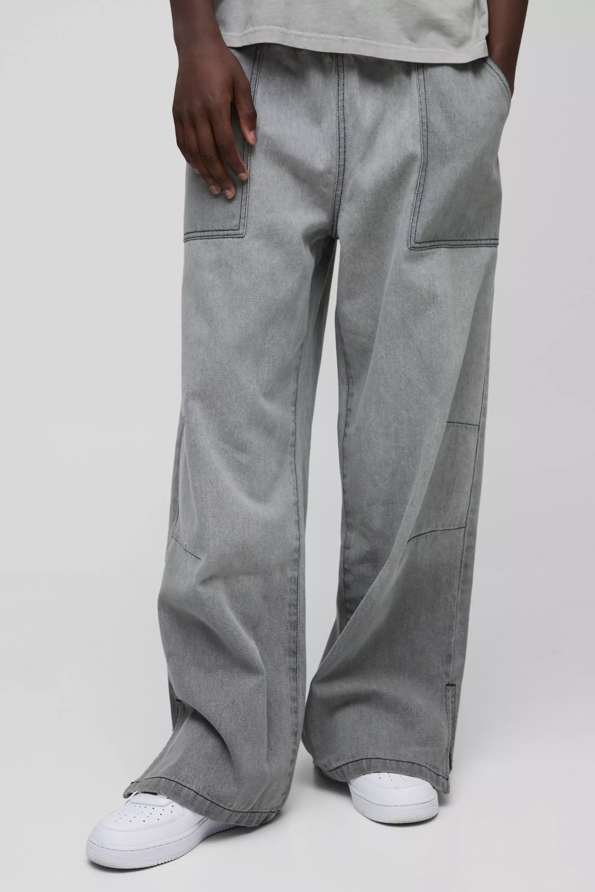 Elasticated Waist Wide Leg Embroidery Denim Sweatpants | boohooMAN USA