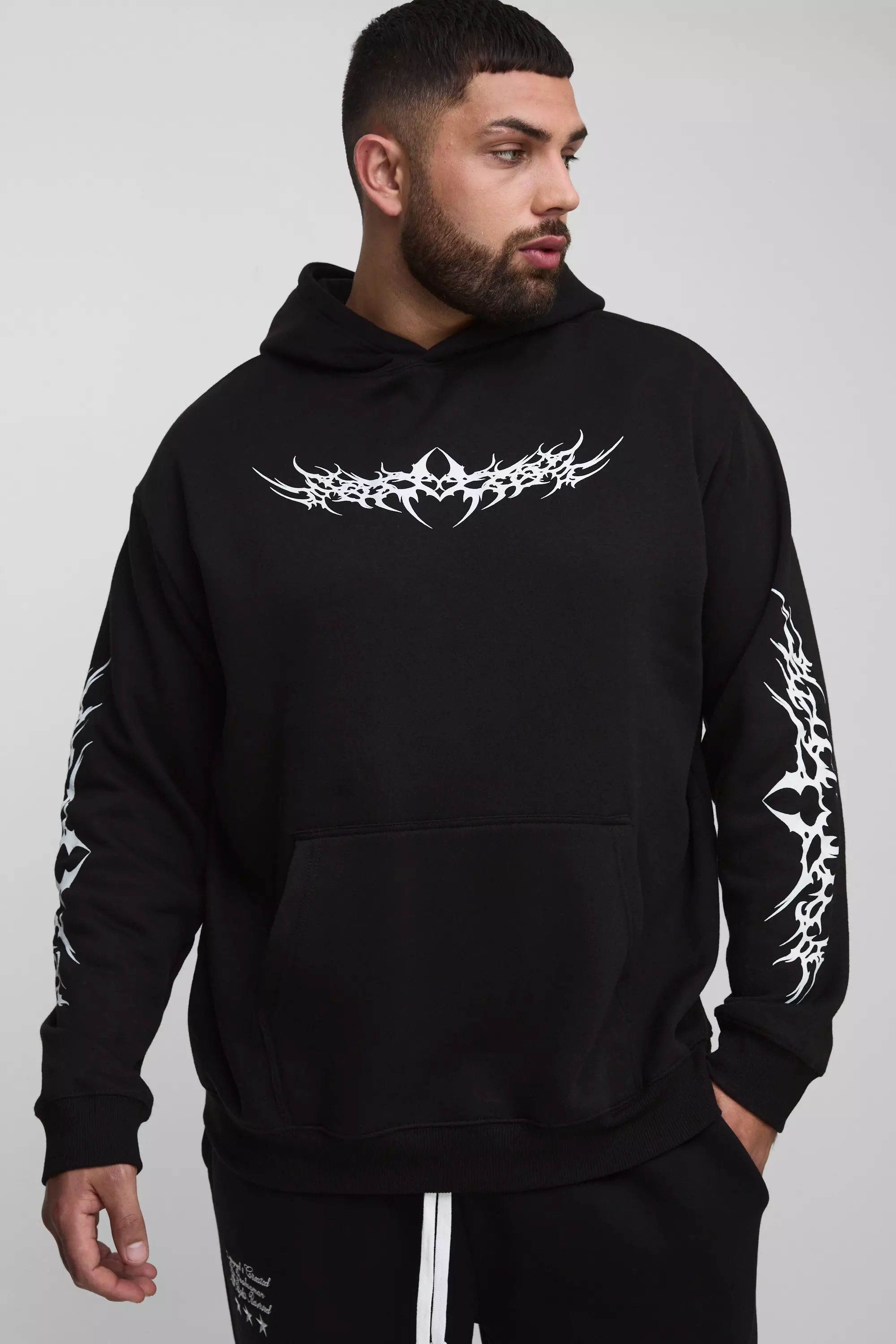 Plus Oversized Gothic Print Hoodie Black