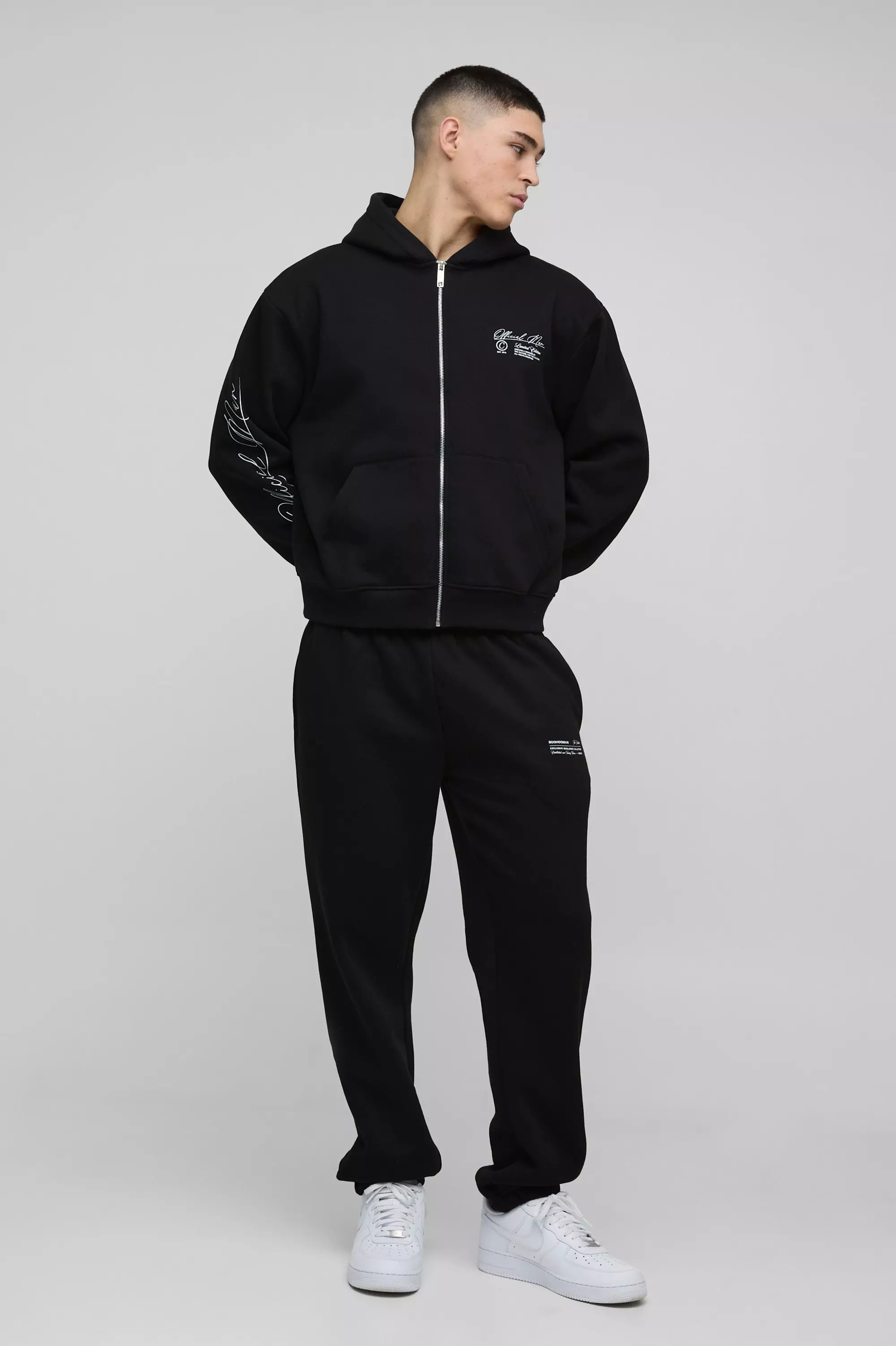 Black Oversized Boxy Man Hooded Zip Through Tracksuit