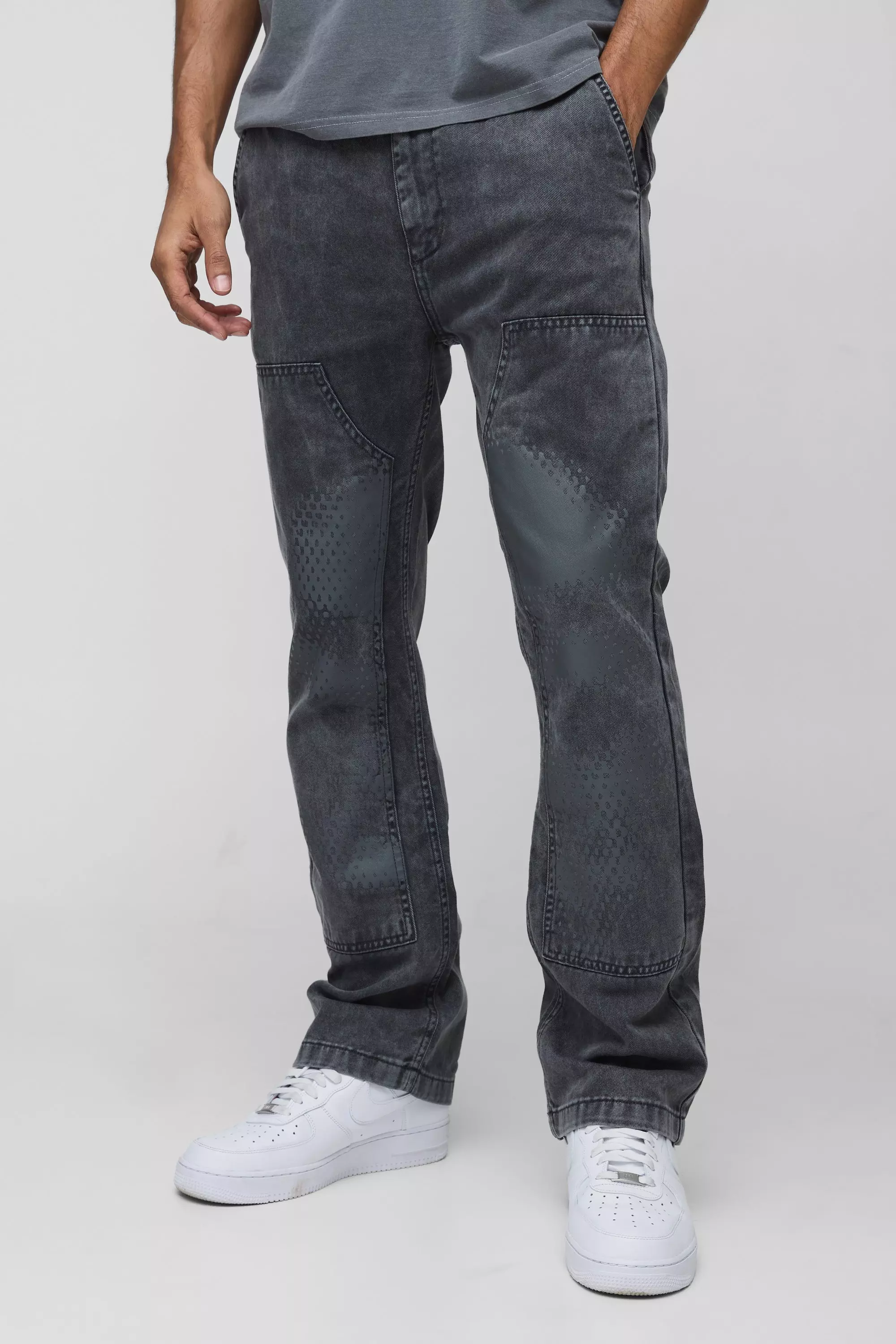 Slim Flare Acid Wash Twill Printed Carpenter Trousers Dark grey