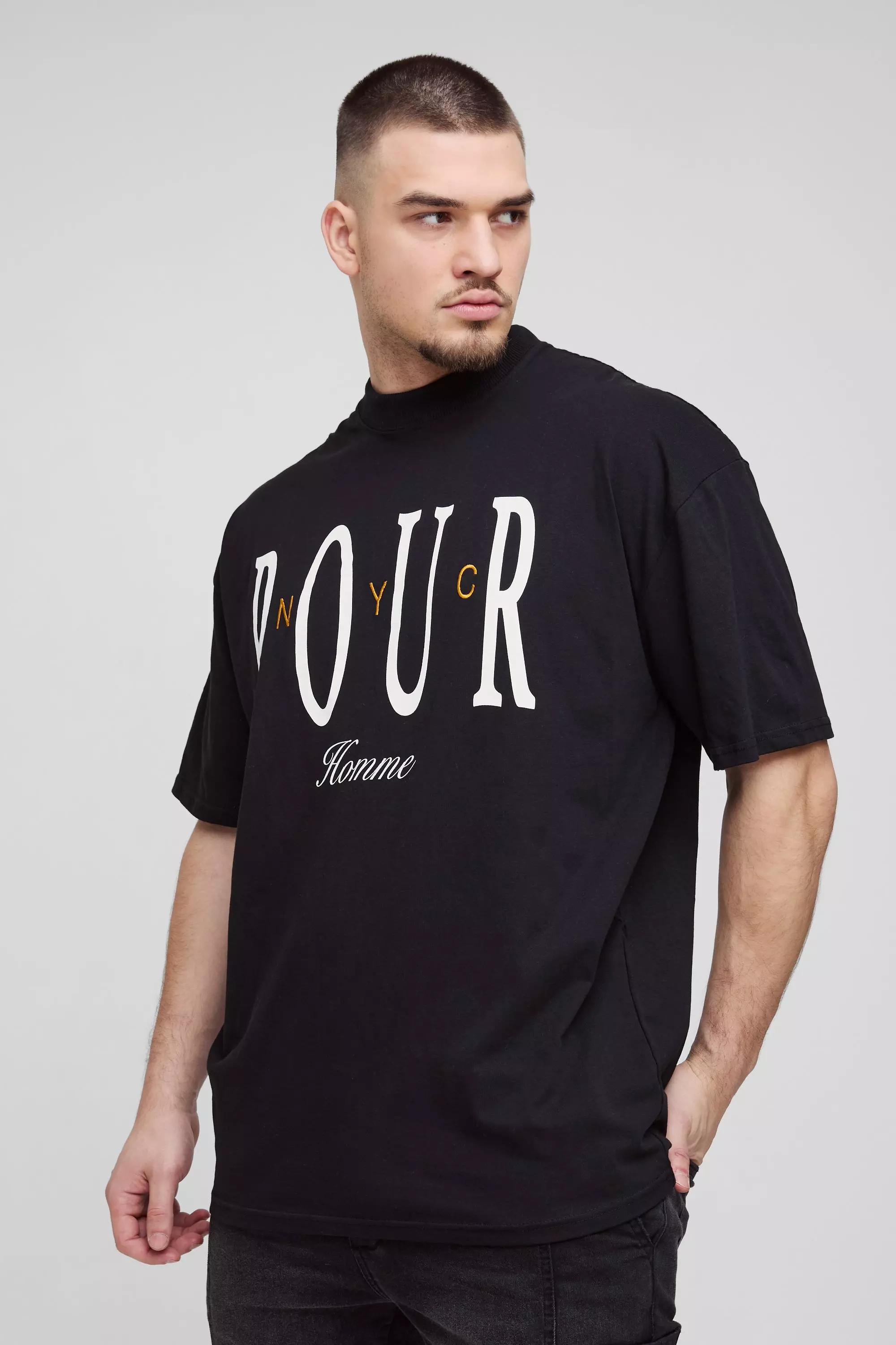 Tall Oversized Extended Pour Homme Embroidered T-Shirt Black