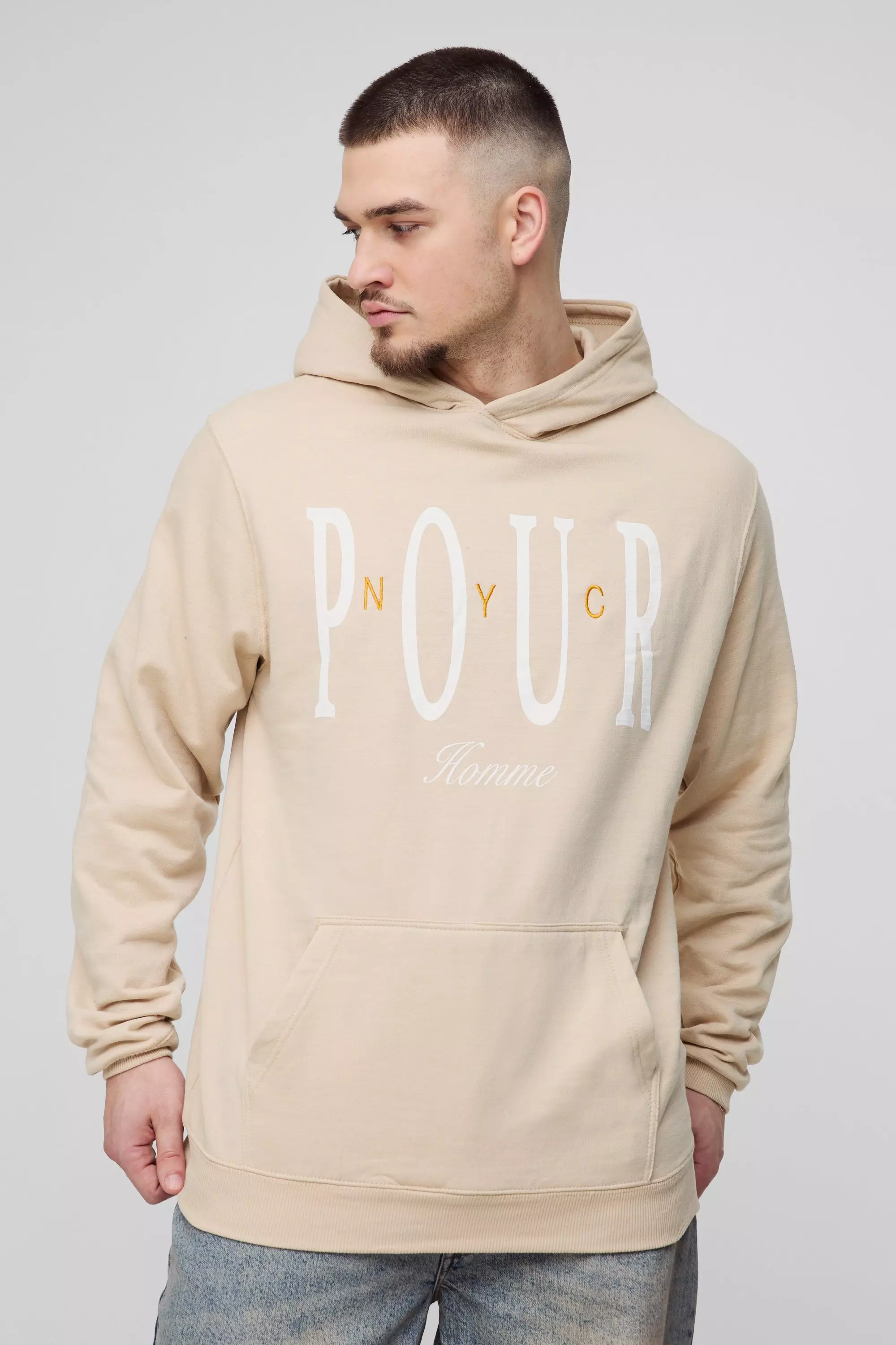 Sand Beige Tall Pour Homme Embroidered Hoodie