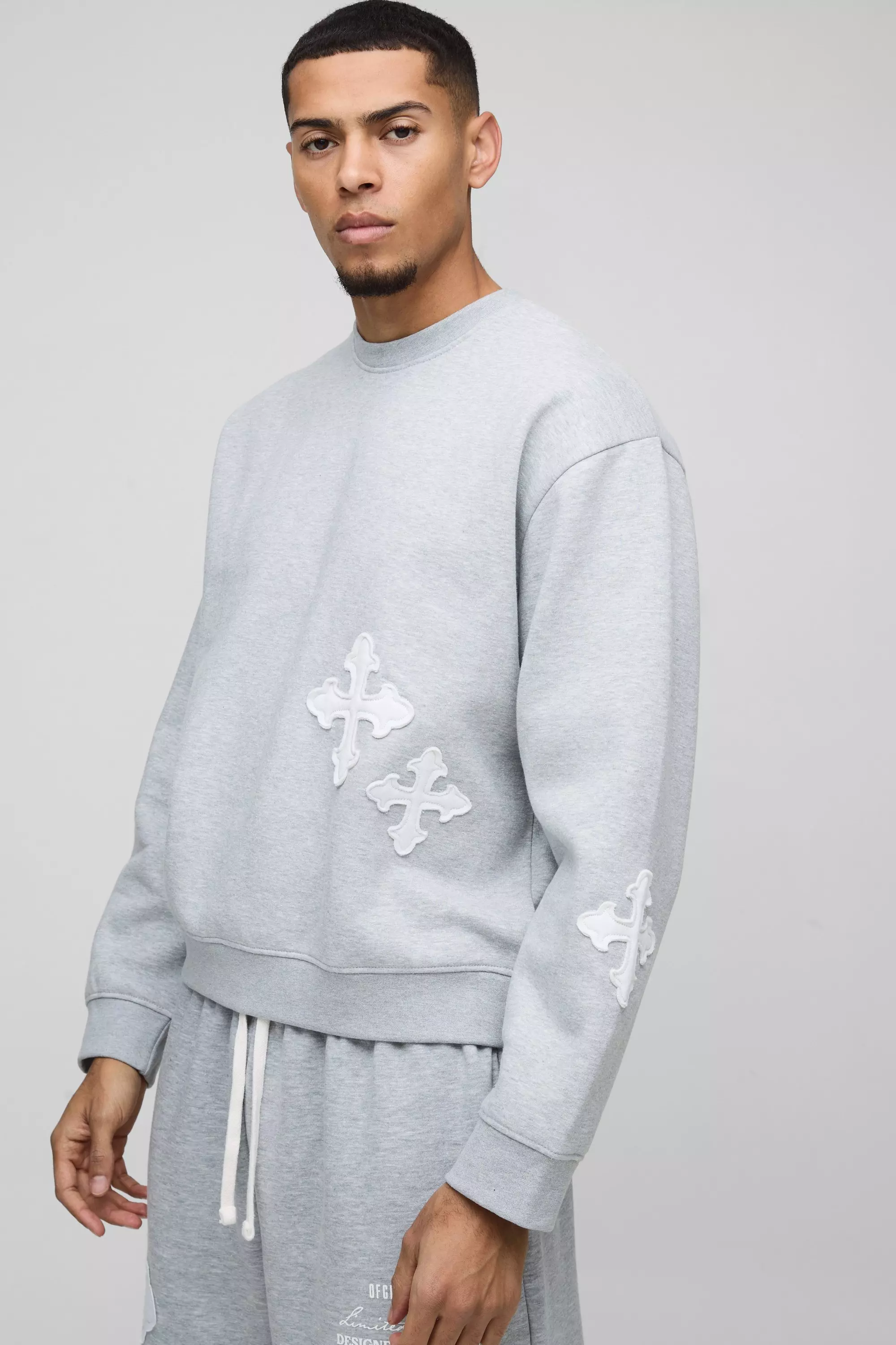 Oversized Boxy Gothic Cross Applique Sweatshirt Grey marl