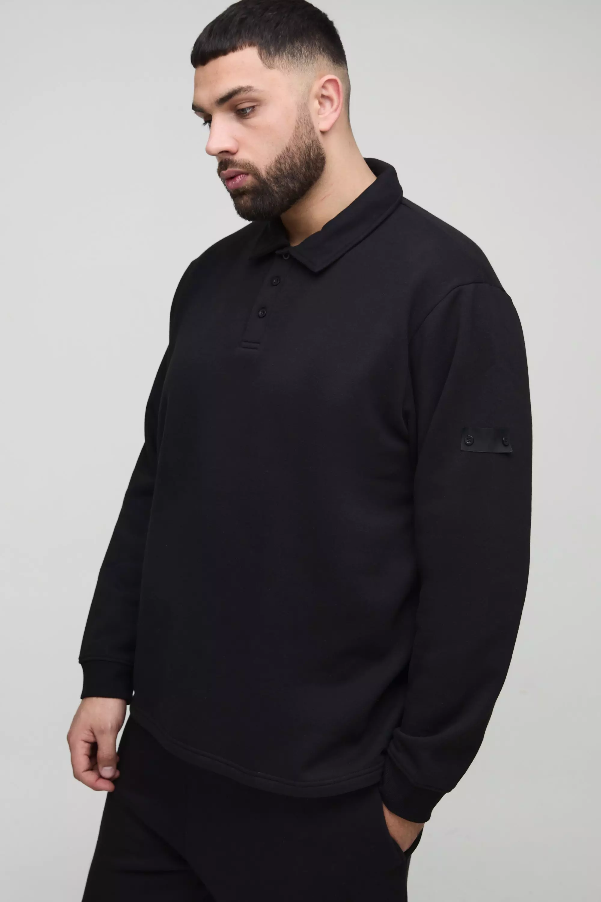 Black Plus Woven Tab Rugby Polo