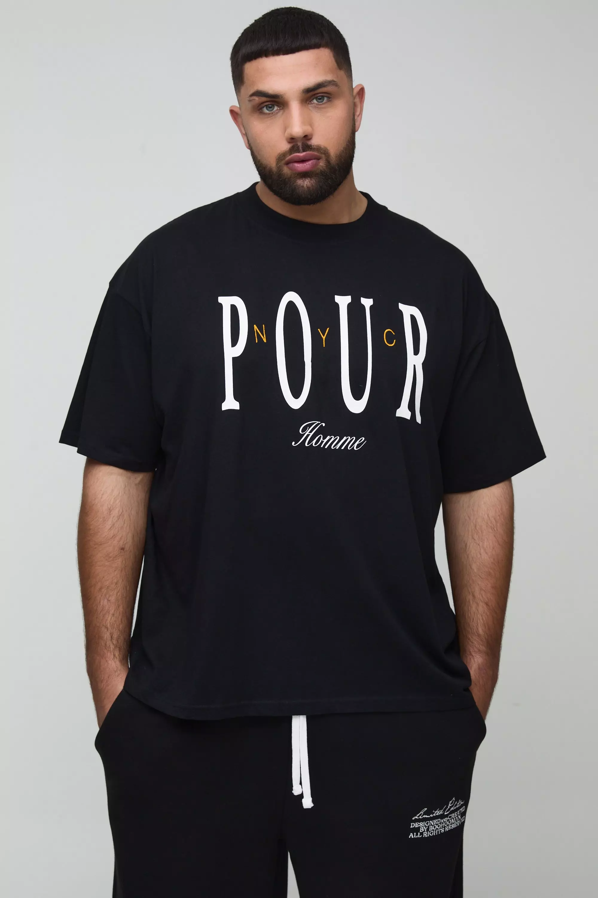 Plus Oversized Extended Pour Homme Embroidered T-Shirt Black