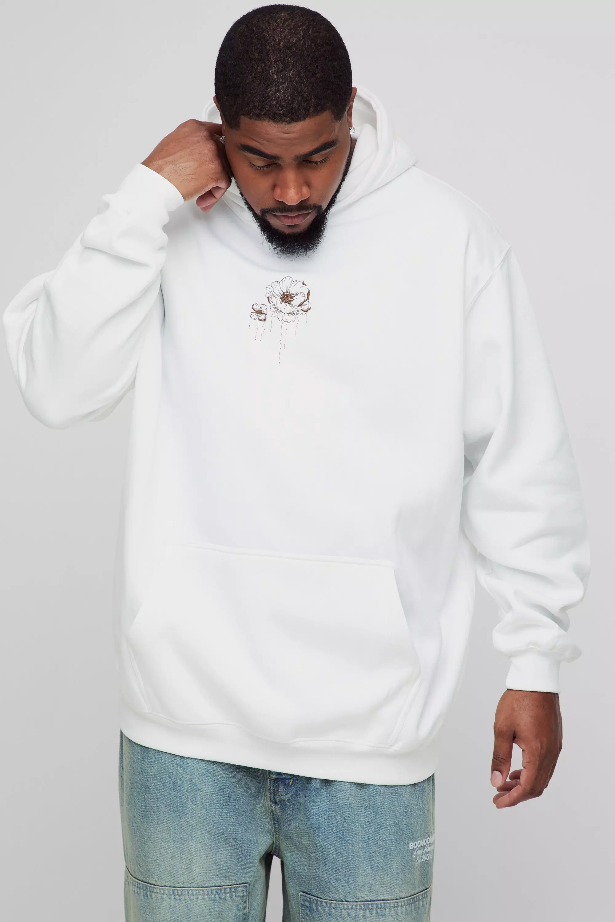 Plus Oversized Floral Embroidered Hoodie boohooMAN UK