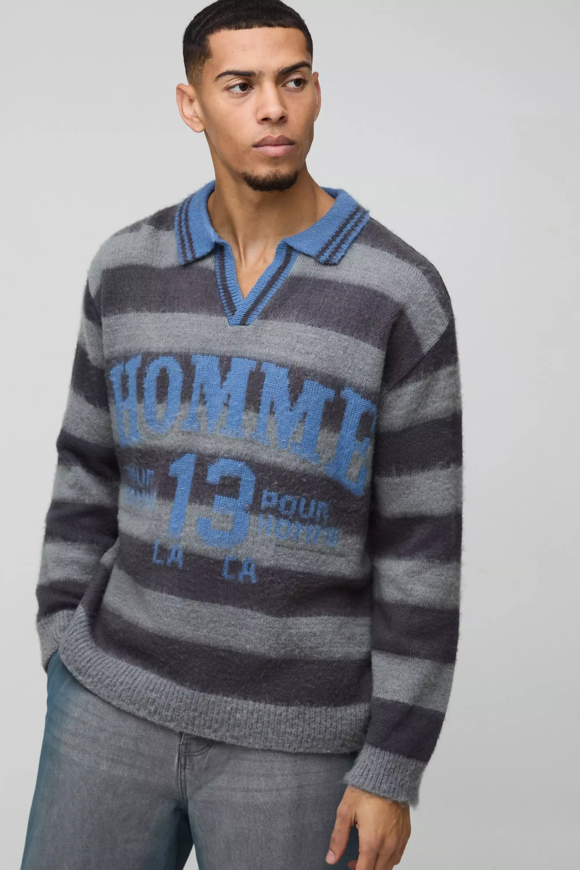 Grey Oversized Brushed Striped V Neck Knit Polo alternative image