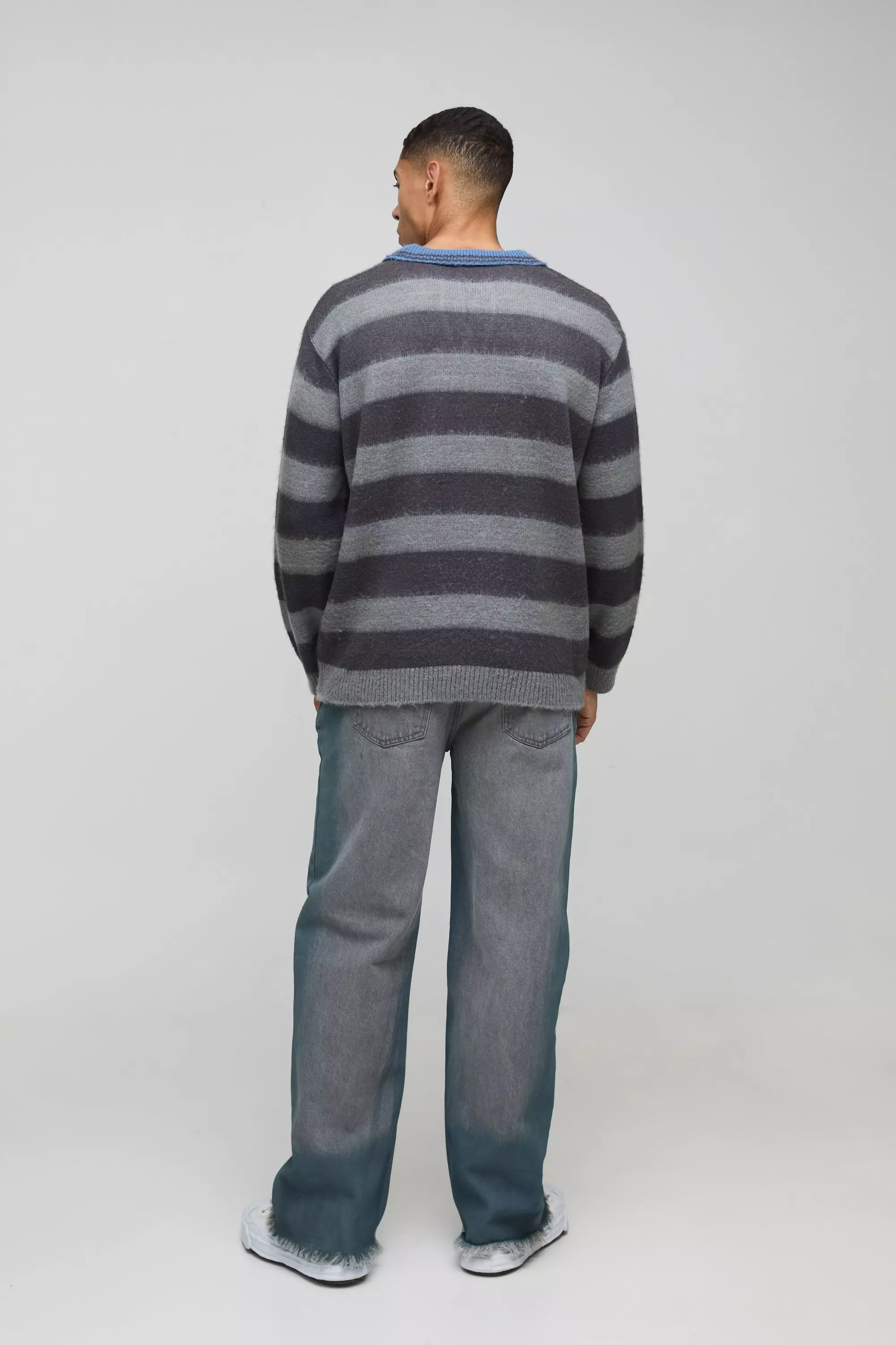 Grey Oversized Brushed Striped V Neck Knit Polo alternative image