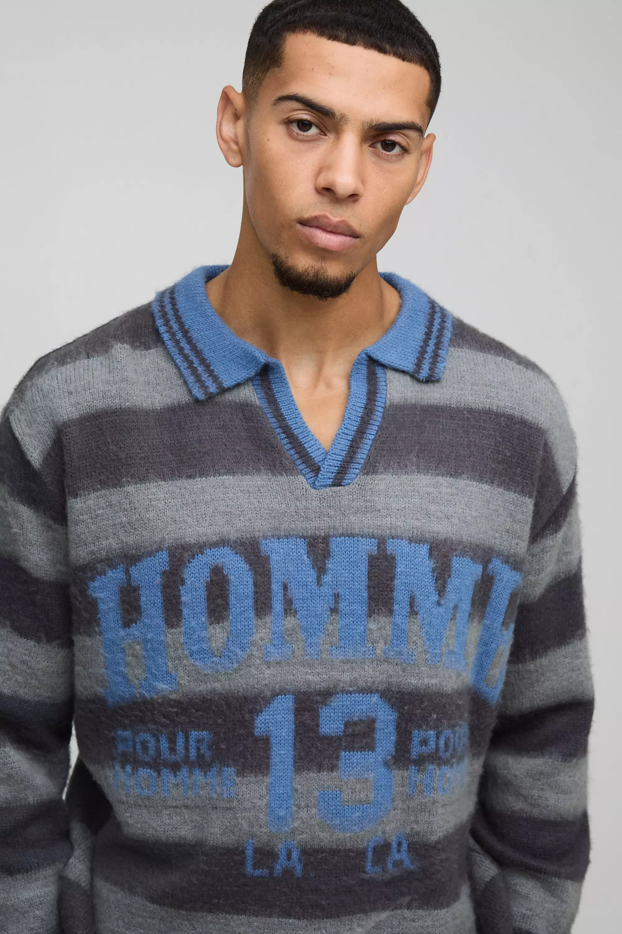 Grey Oversized Brushed Striped V Neck Knit Polo alternative image
