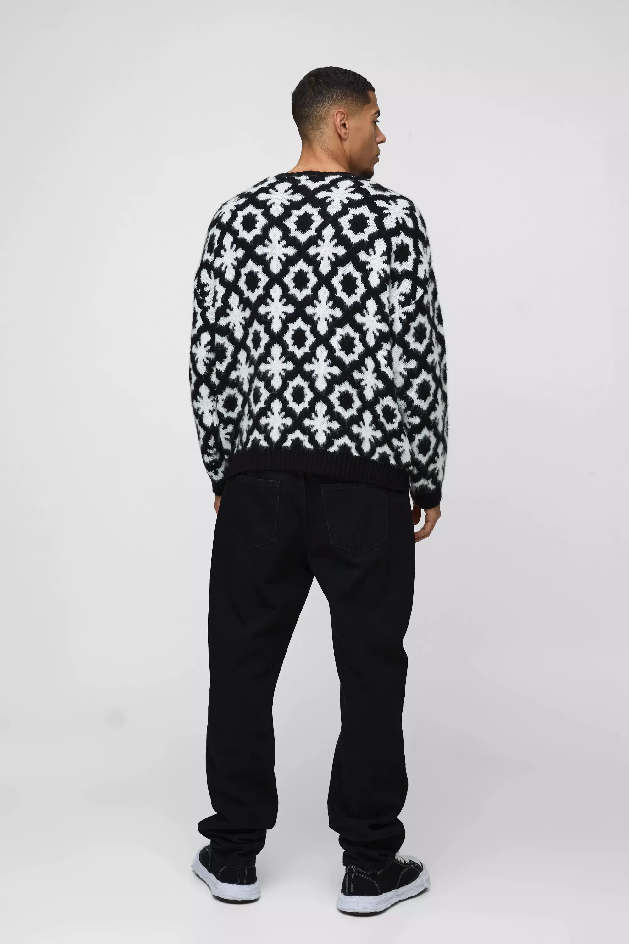Pull oversize en maille brossée à motif jacquard, Black autre image