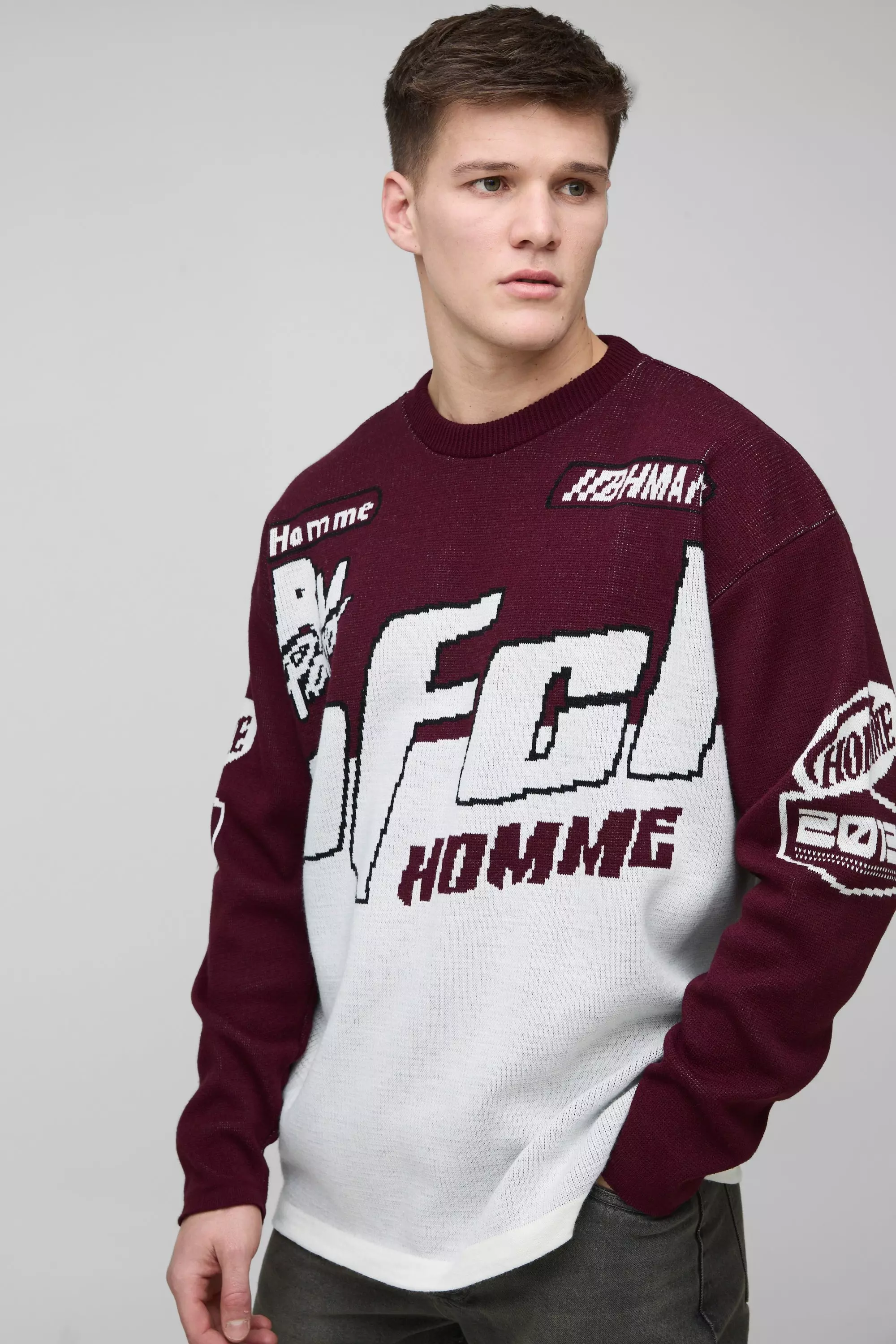 Tall Oversized Moto Knitted Long Sleeve T-Shirt Burgundy