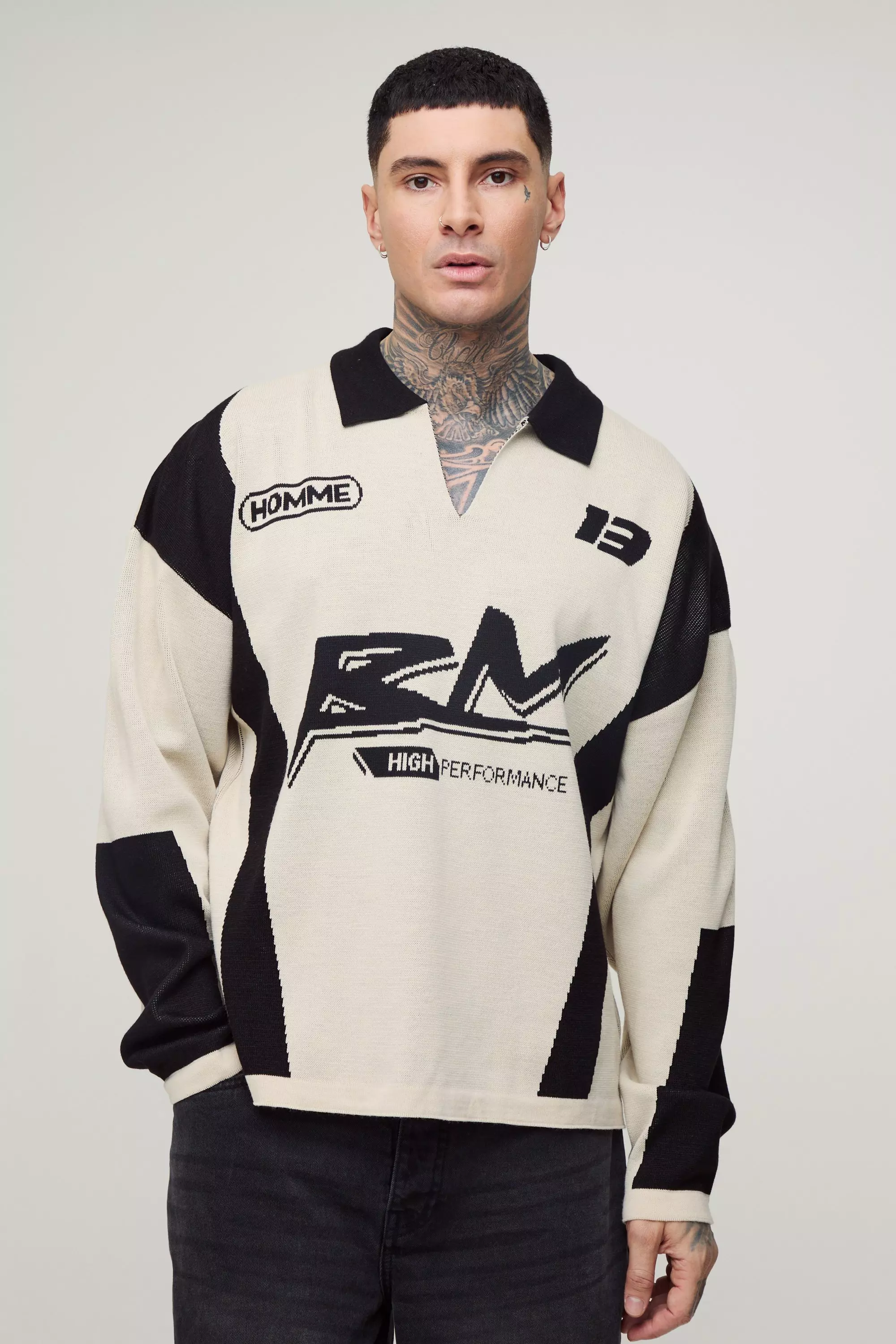 Ecru Tall Oversized Boxy Long Sleeve Knitted Moto Polo alternative image