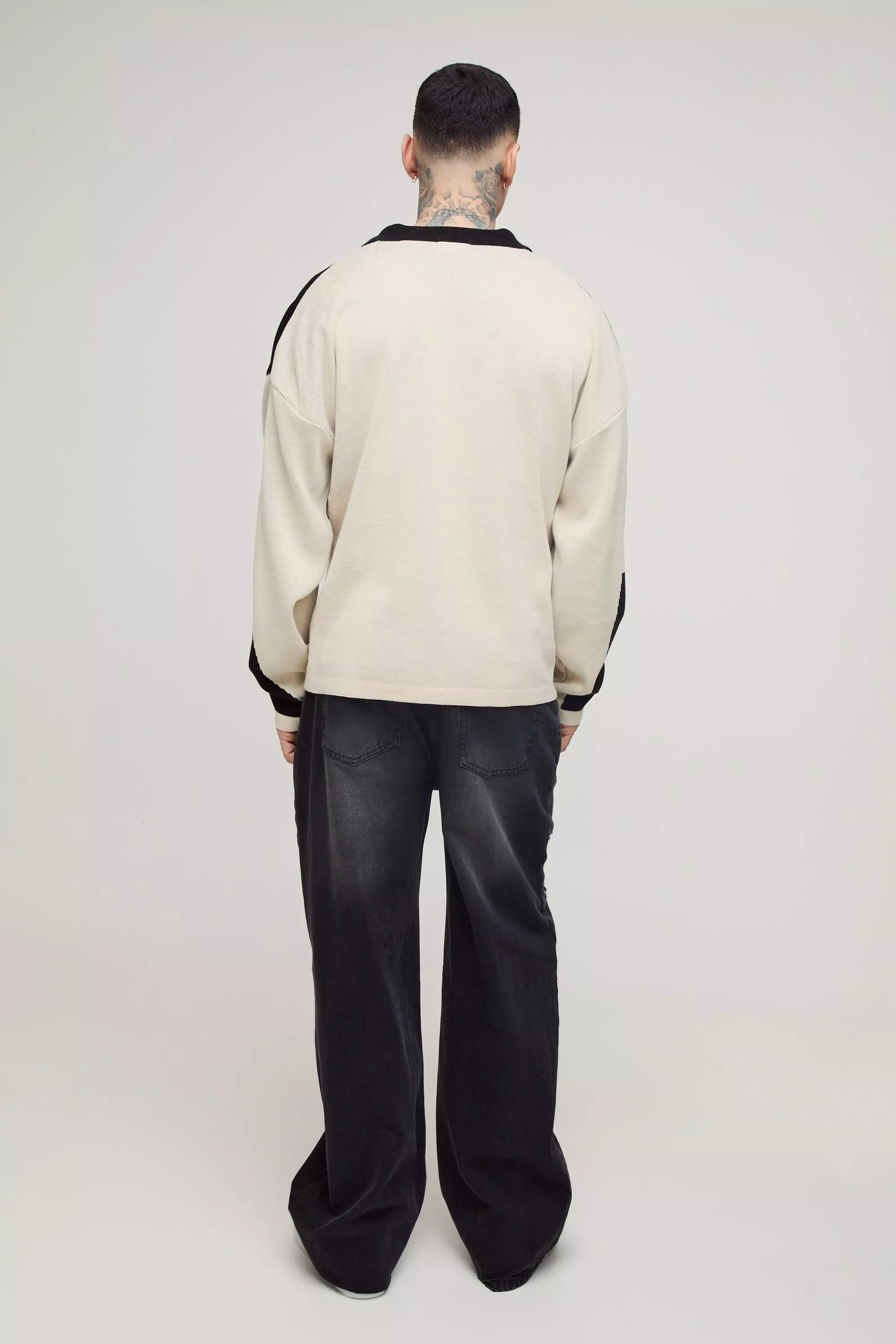 Ecru Tall Oversized Boxy Long Sleeve Knitted Moto Polo alternative image