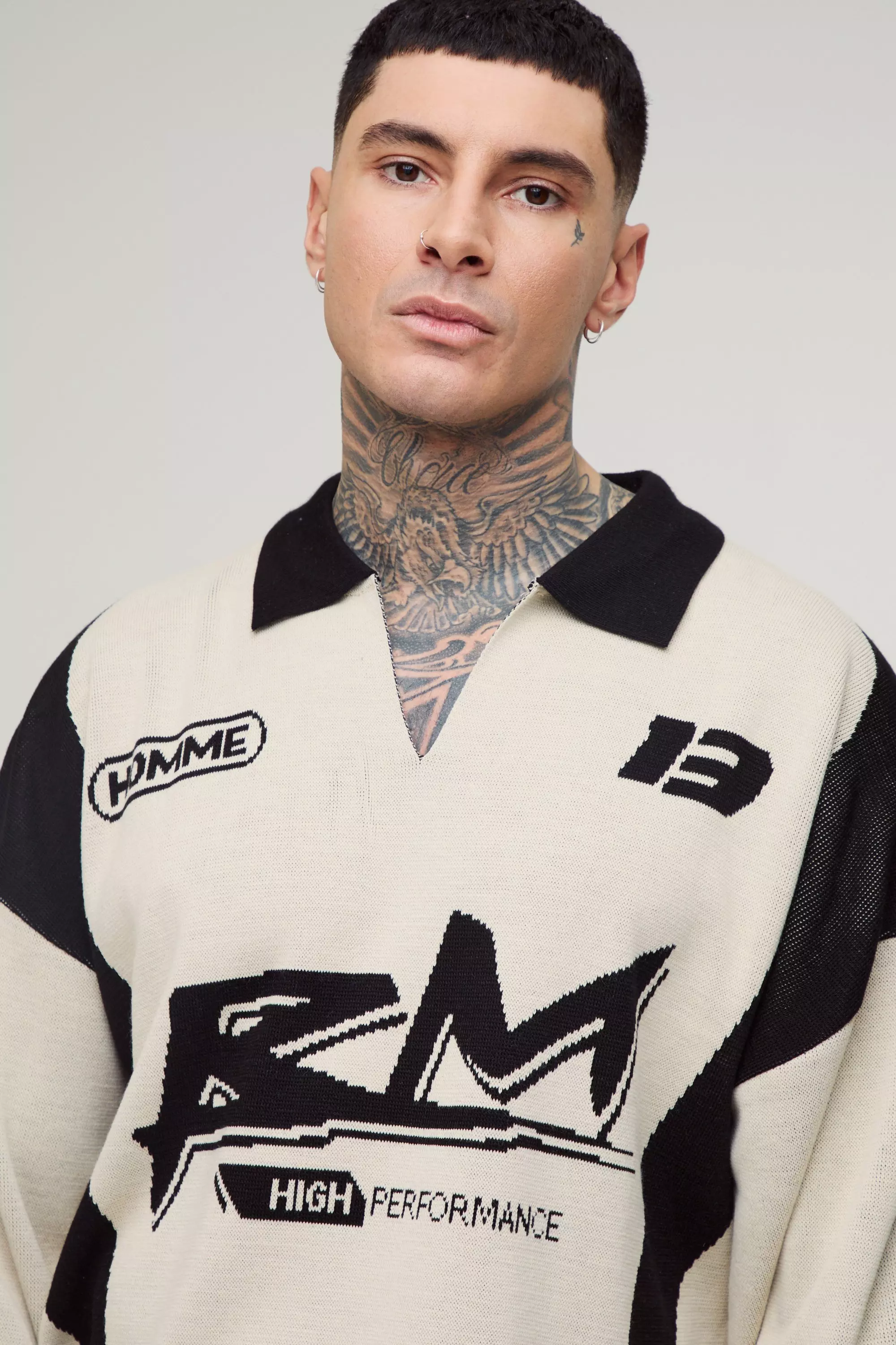Ecru Tall Oversized Boxy Long Sleeve Knitted Moto Polo alternative image