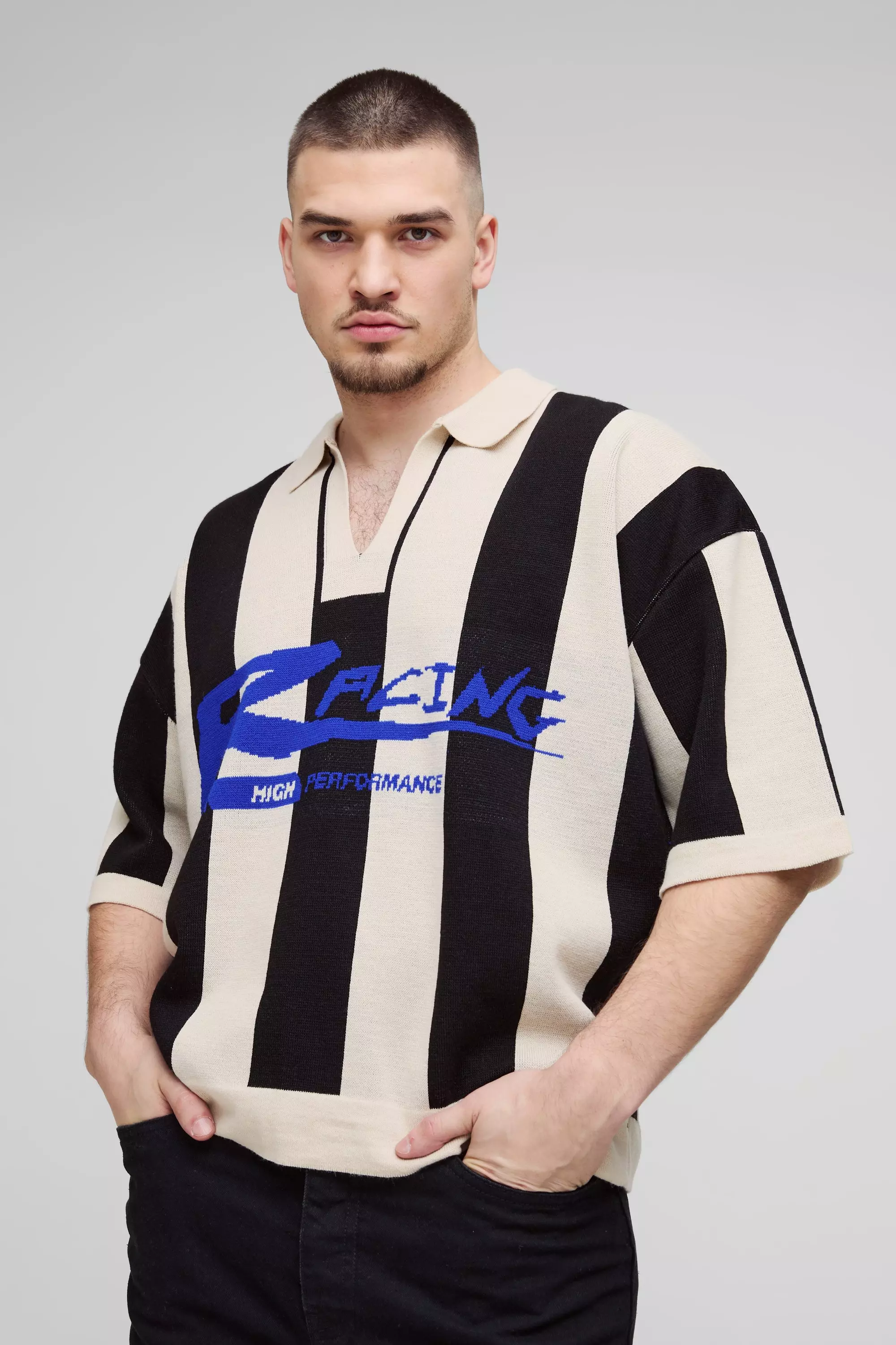 Black Tall Boxy Moto Stripe Knitted Polo